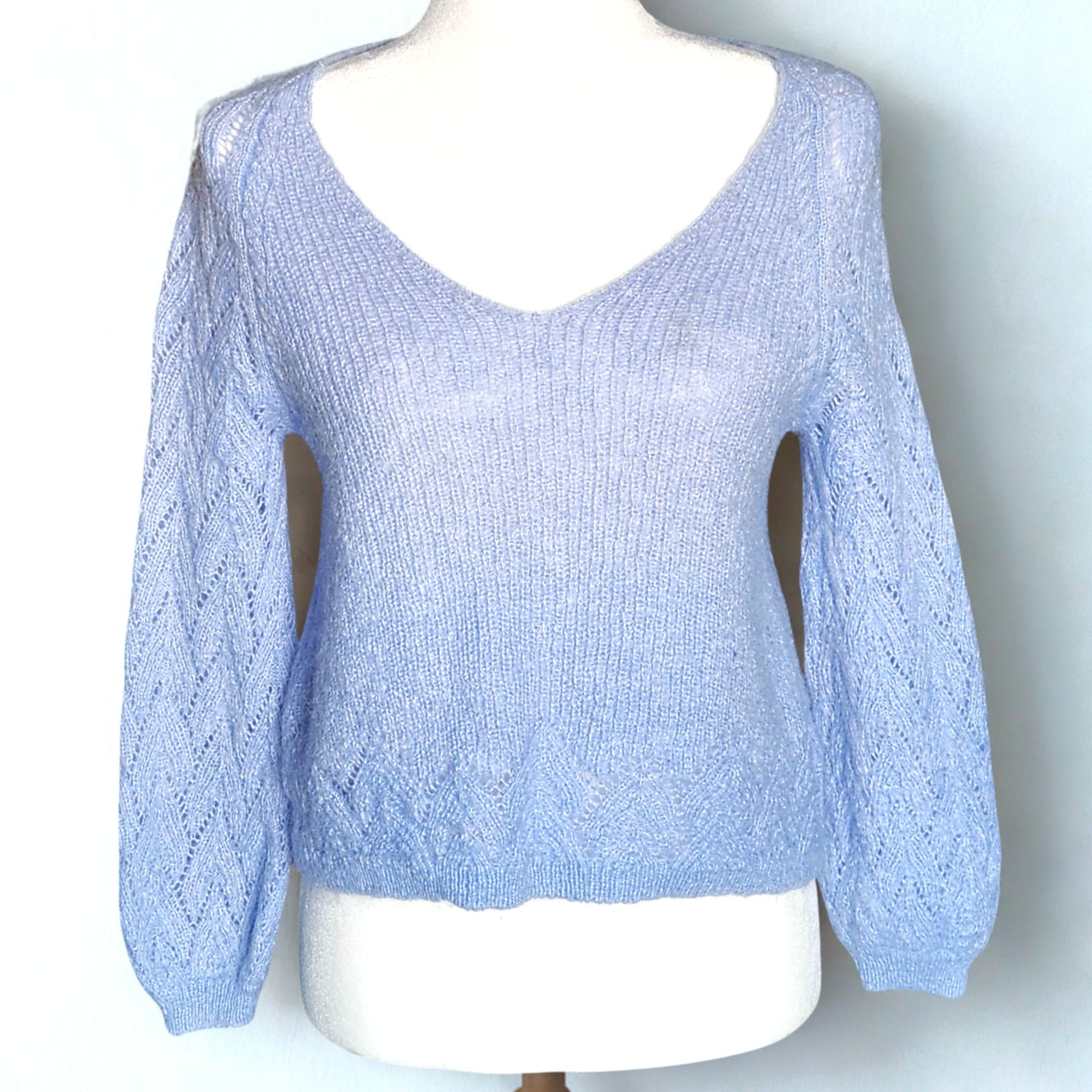 Sezane Women's Diane Jumper Mohair Bishop Sleeve Sweater Light Blue Size M