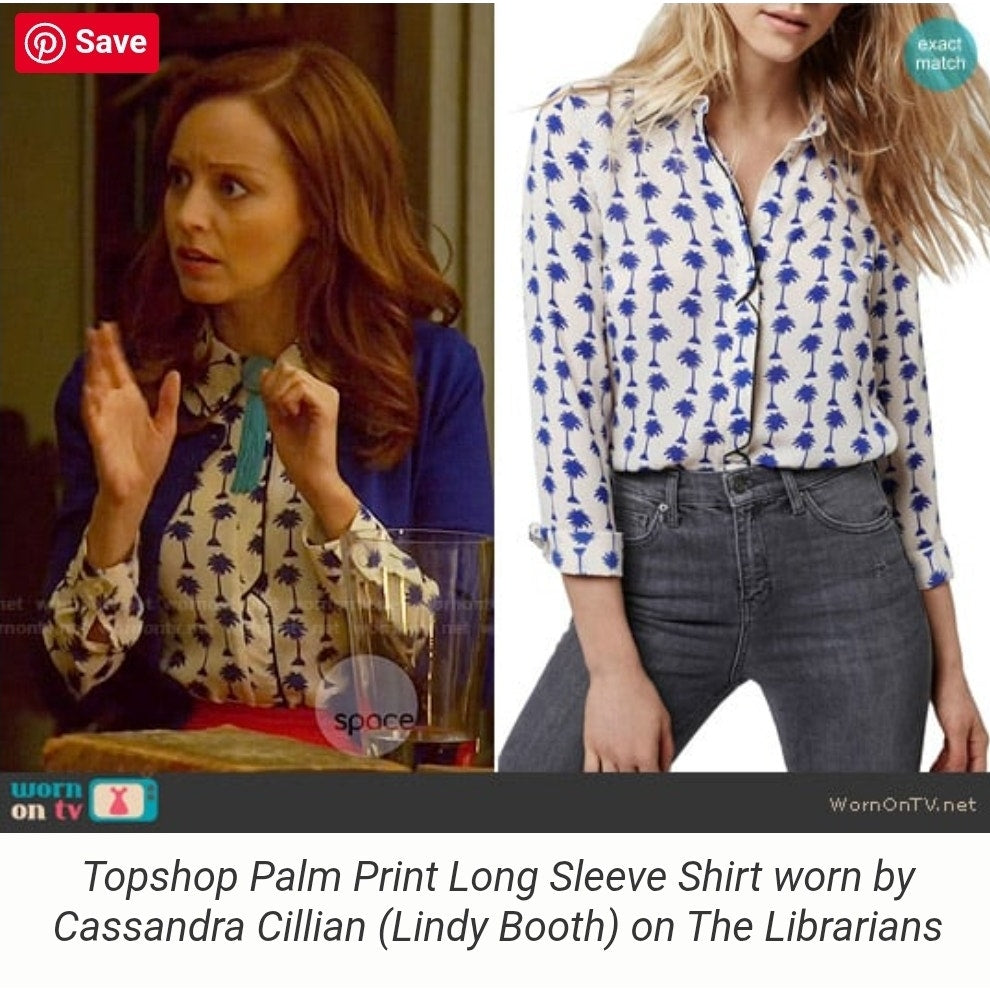 Topshop Women's Blue Palm Trees & Black Piping Button-Down Blouse Size US 4 | UK 8