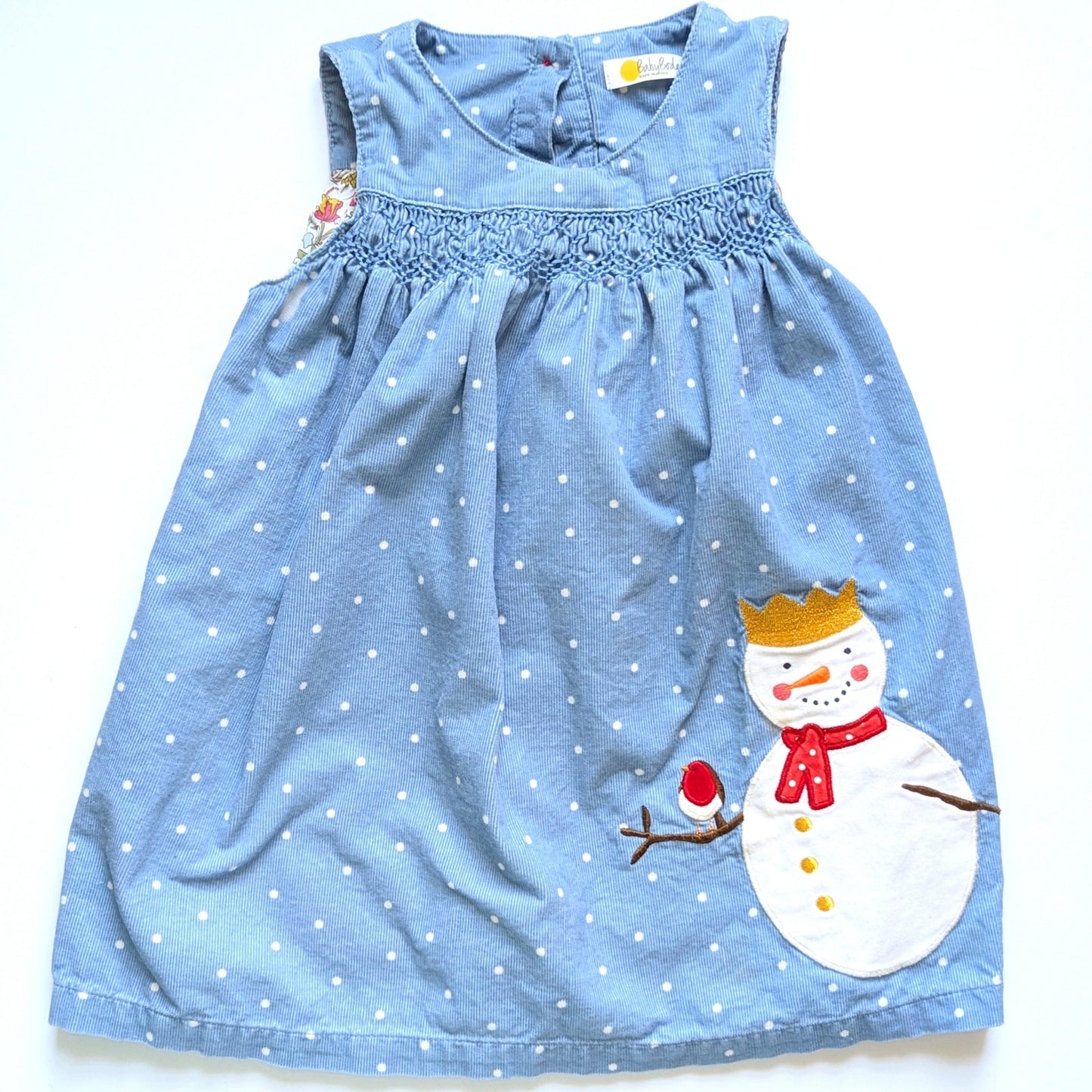 Baby Boden Corduroy Snowman Appliqué Pinafore Dress Blue Polka Dots Sz 18-24 mos