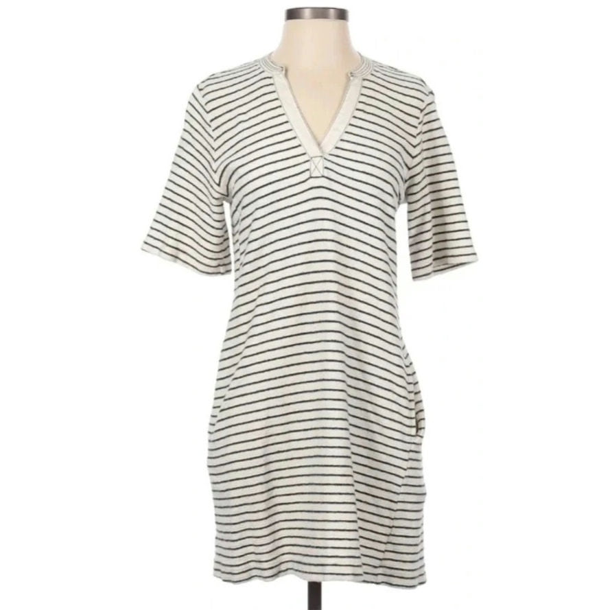 Lou & Grey Striped French Terry Dress | Navy Ivory Short Sleeve V-Neck Shift with Pockets | Women's Size M NWT
