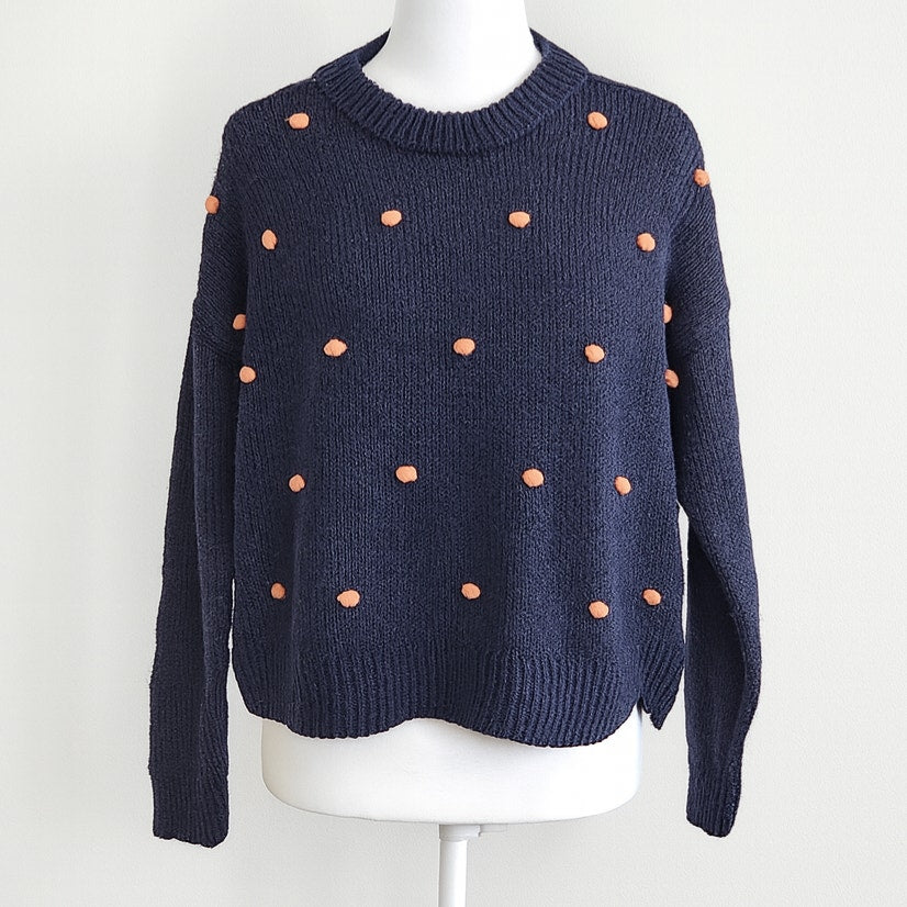 Madewell Wellesley Bobble Pullover Sweater Navy & Orange Pom-Pom Size M