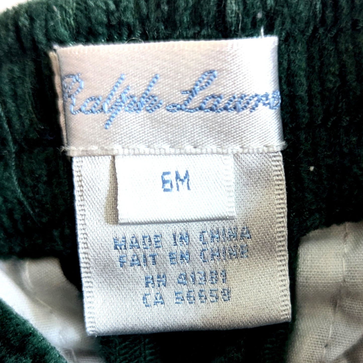 Ralph Lauren Infant Skier Embroidered Green Belted Corduroy Pants | Size 6 Months