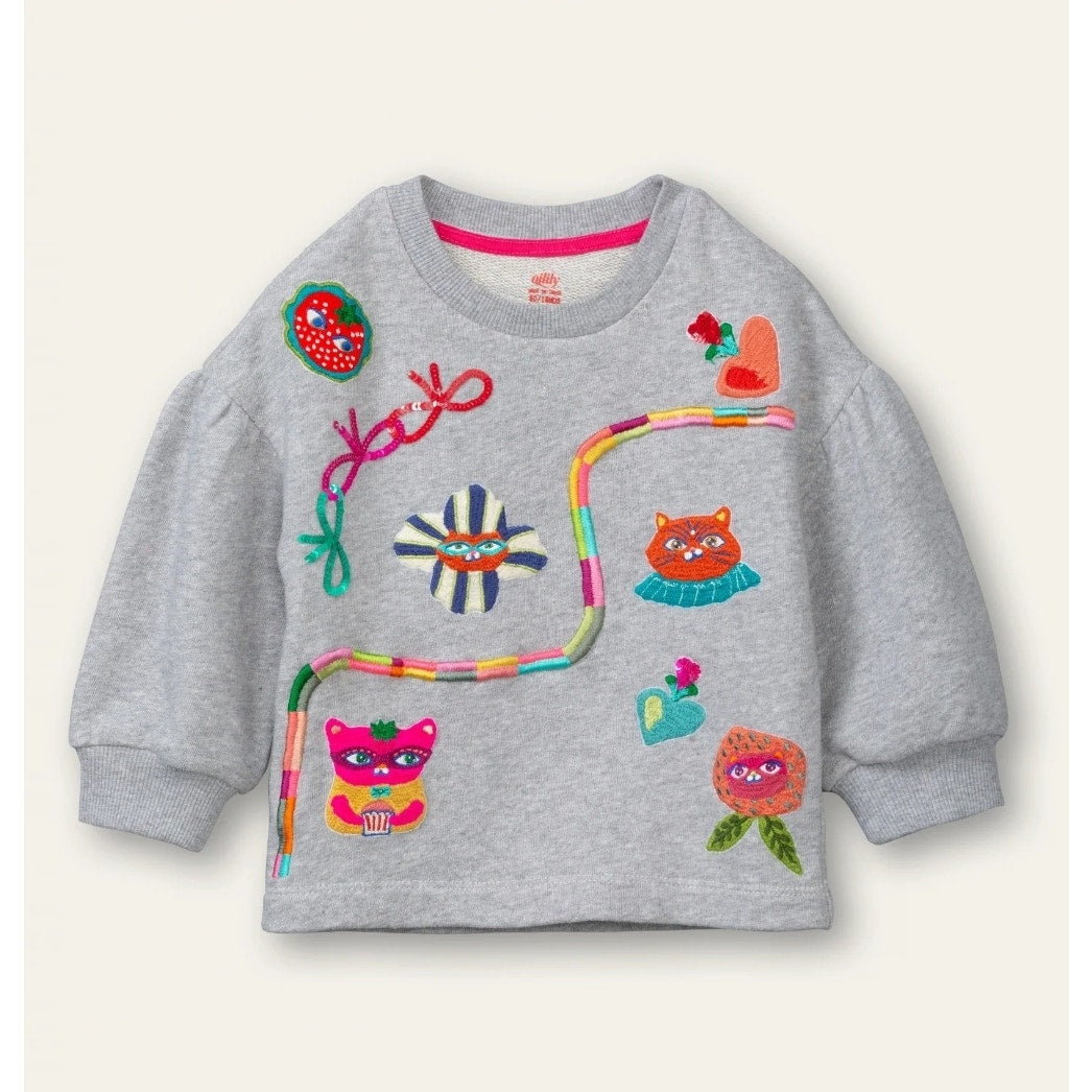 Oilily Believe Sweater Gray Crewneck Sequins Embroidery Size 7 | 122 cm