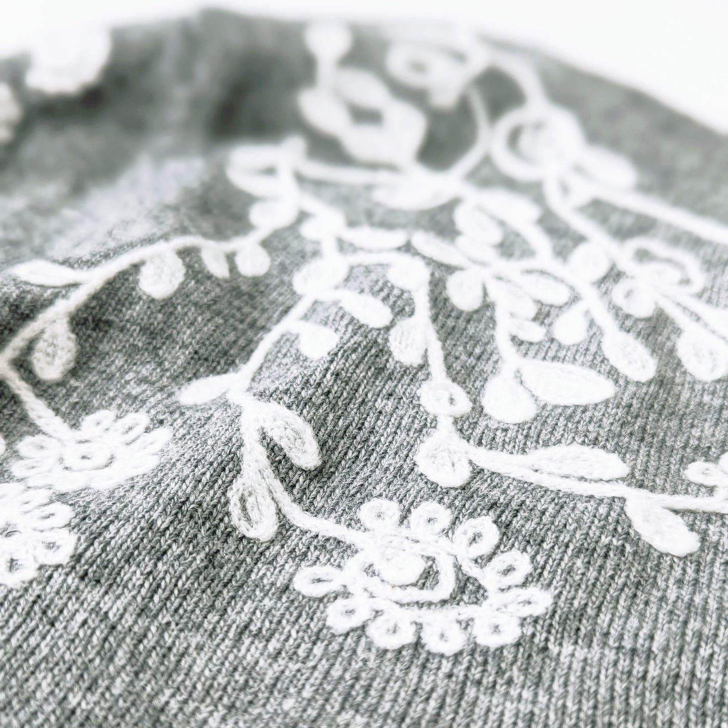 Rain + Rose Embroidered Gray Sweater – White Floral Detail – Angora Blend | Women's Size M