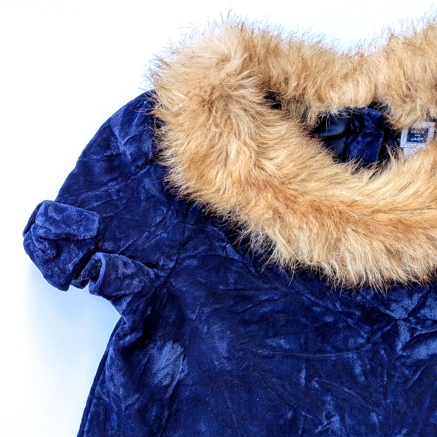 Janie and Jack Girls Blue Velvet Faux Fur Collar Bow Sleeves Dress Sz 4