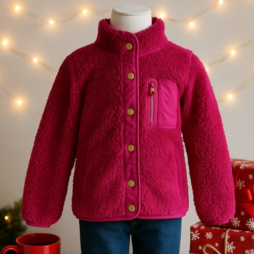 J.Crew Crewcuts Girls' Sherpa Fleece Magenta Snap Jacket Size XL Jersey Lined