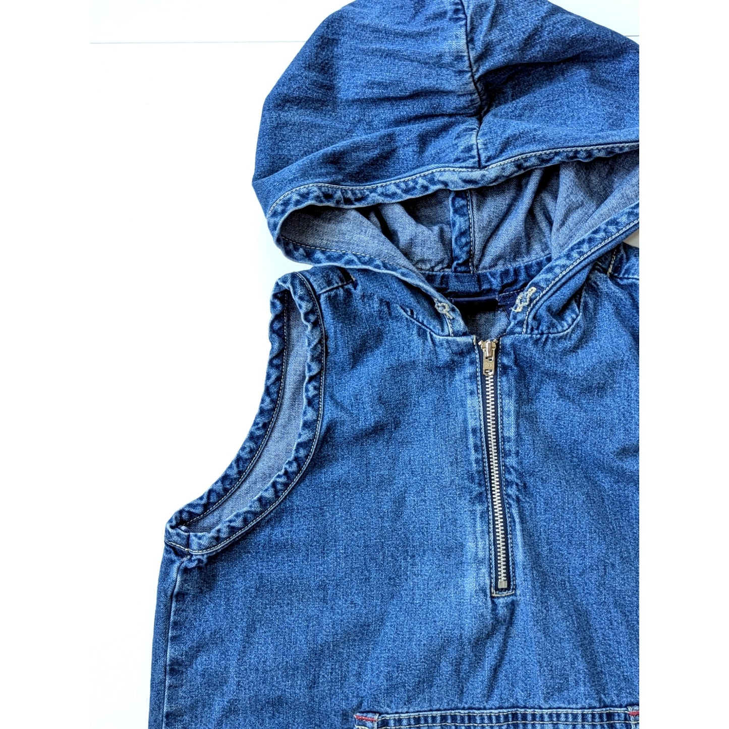 GAP Vintage 90s Girls Denim Dark Blue Wash Zip Hoodie Jumper Dress Sz L / 10-12
