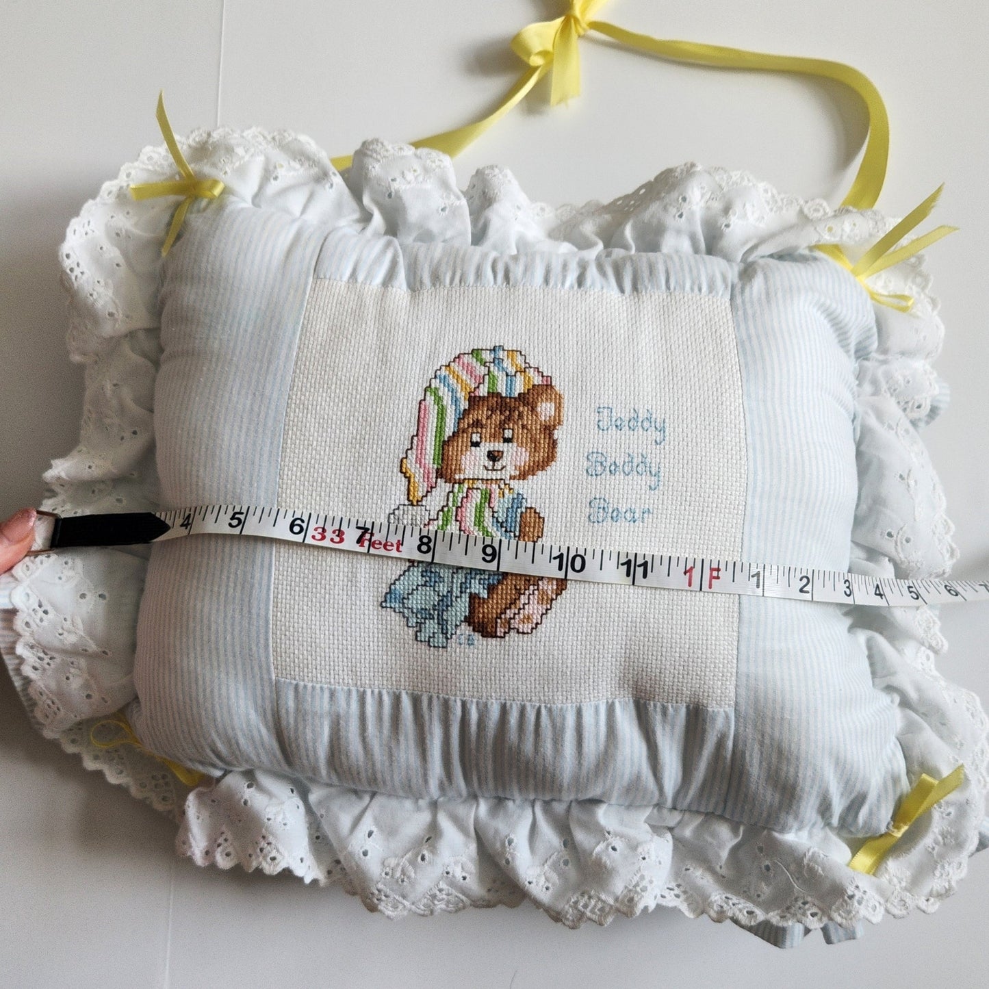 Vintage 80s Teddy Beddy Bear Cross Stitch Baby Pillow Blue Stripes Yellow Ribbon