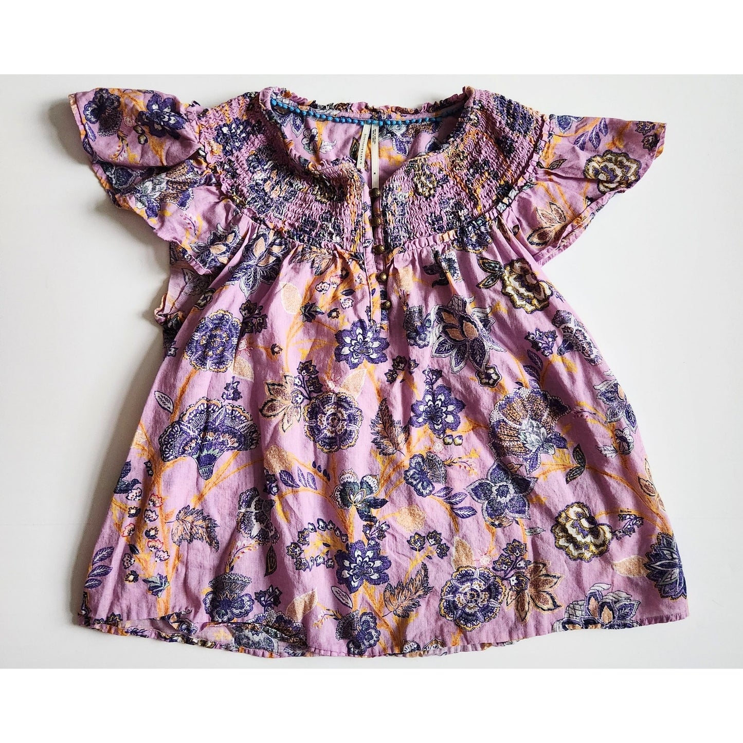 Anthropologie Bohemian Purple Floral Blouse Brass Buttons Flutter Sleeves Size M