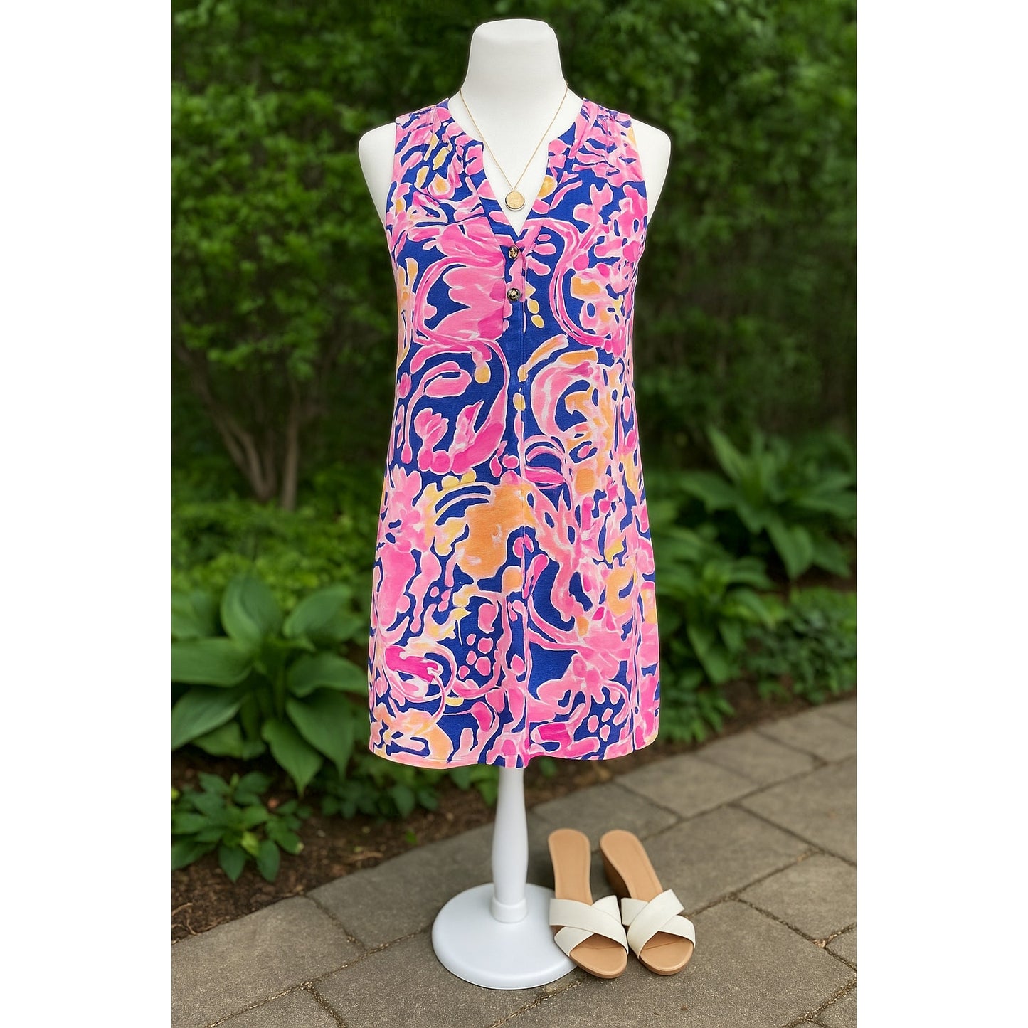 Lilly Pulitzer Essie Dress Brilliant Blue Catch & Release Pink Sea Life Print Cotton | Women's Size S