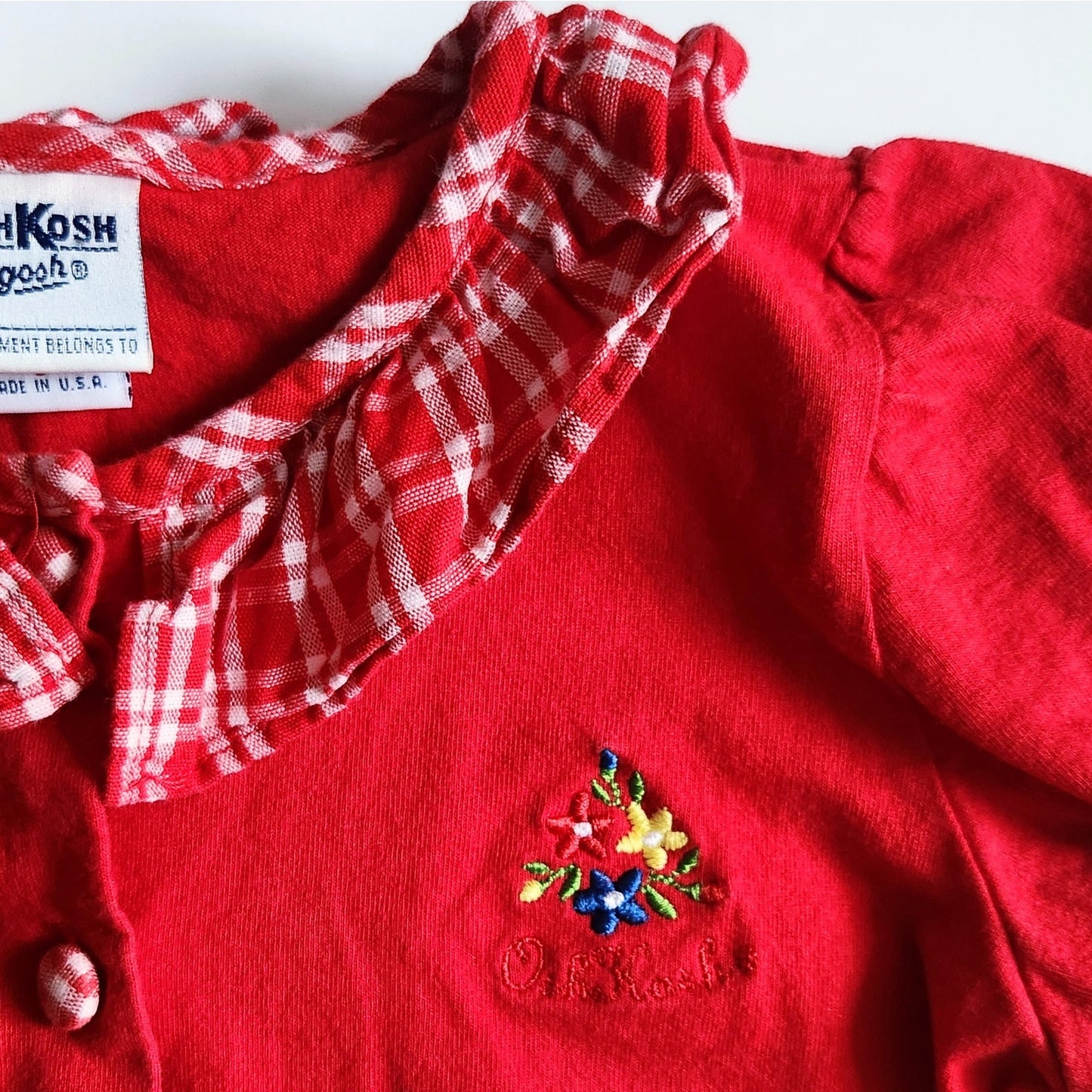 Oshkosh B'gosh Vintage 1980s Girls Red Button Top Gingham Collar Size 6
