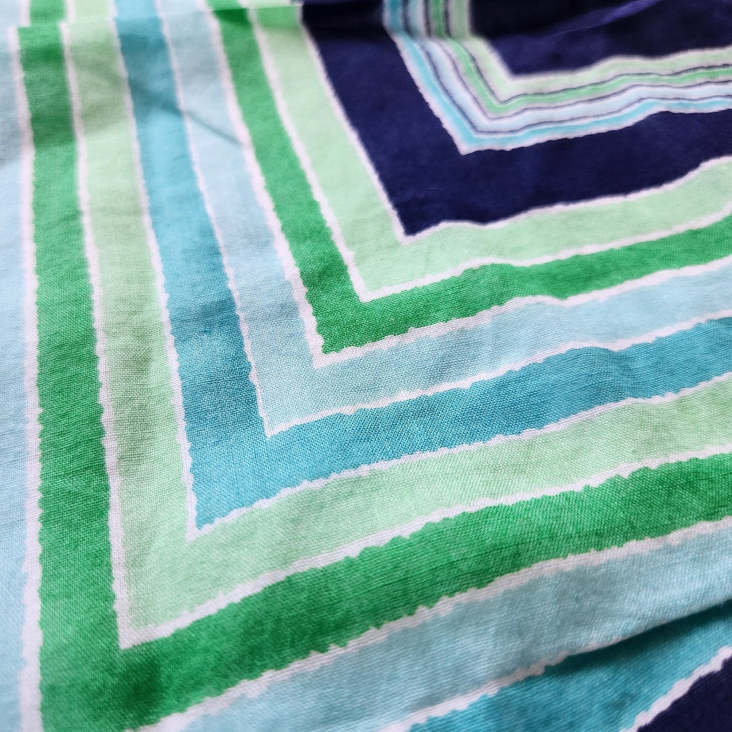 Pierre Balmain Vintage 1970s Blue & Green Square Scarf | 24.5” Designer Neck Scarf | Mod Striped Silk Cotton Blend Wrap | Women's French Fashion Accessory