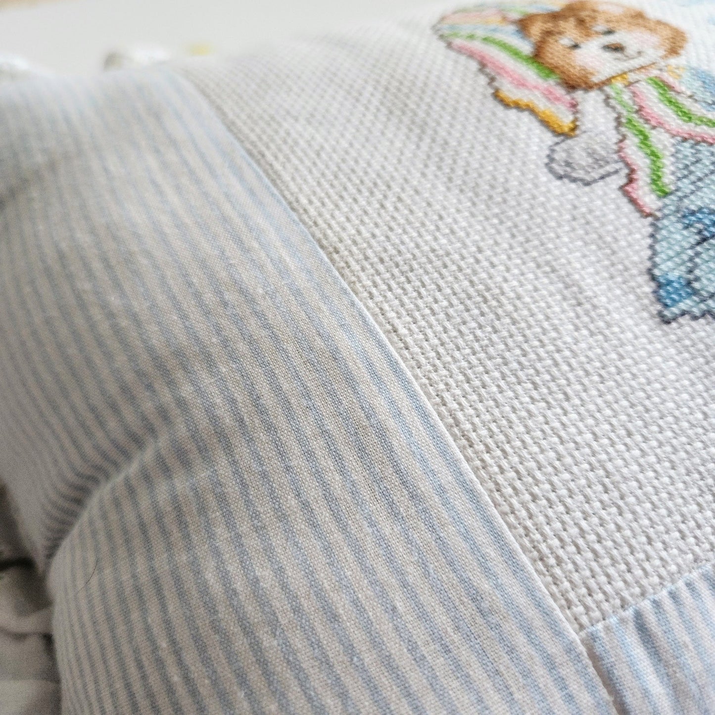 Vintage 80s Teddy Beddy Bear Cross Stitch Baby Pillow Blue Stripes Yellow Ribbon