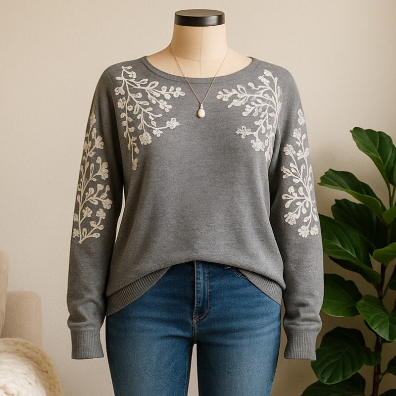 Rain + Rose Embroidered Gray Sweater – White Floral Detail – Angora Blend | Women's Size M