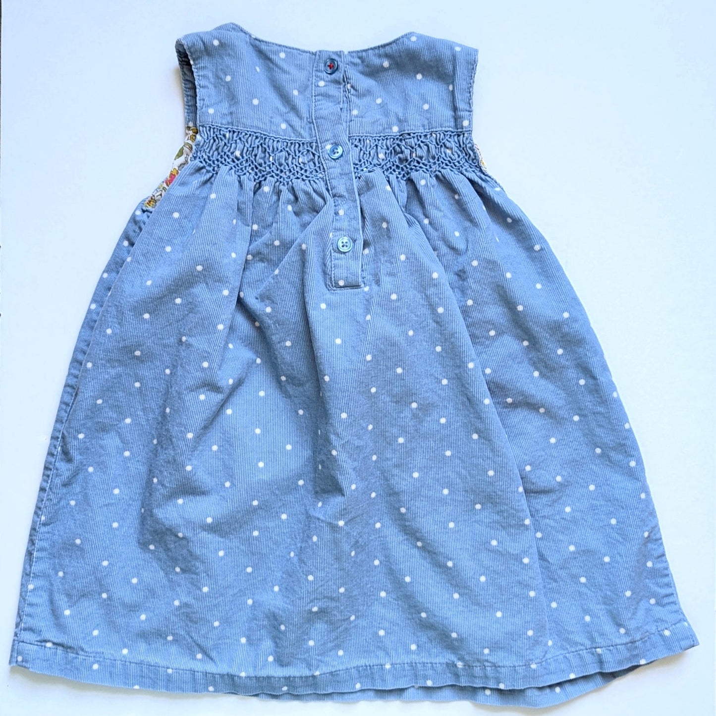 Baby Boden Corduroy Snowman Appliqué Pinafore Dress Blue Polka Dots Sz 18-24 mos