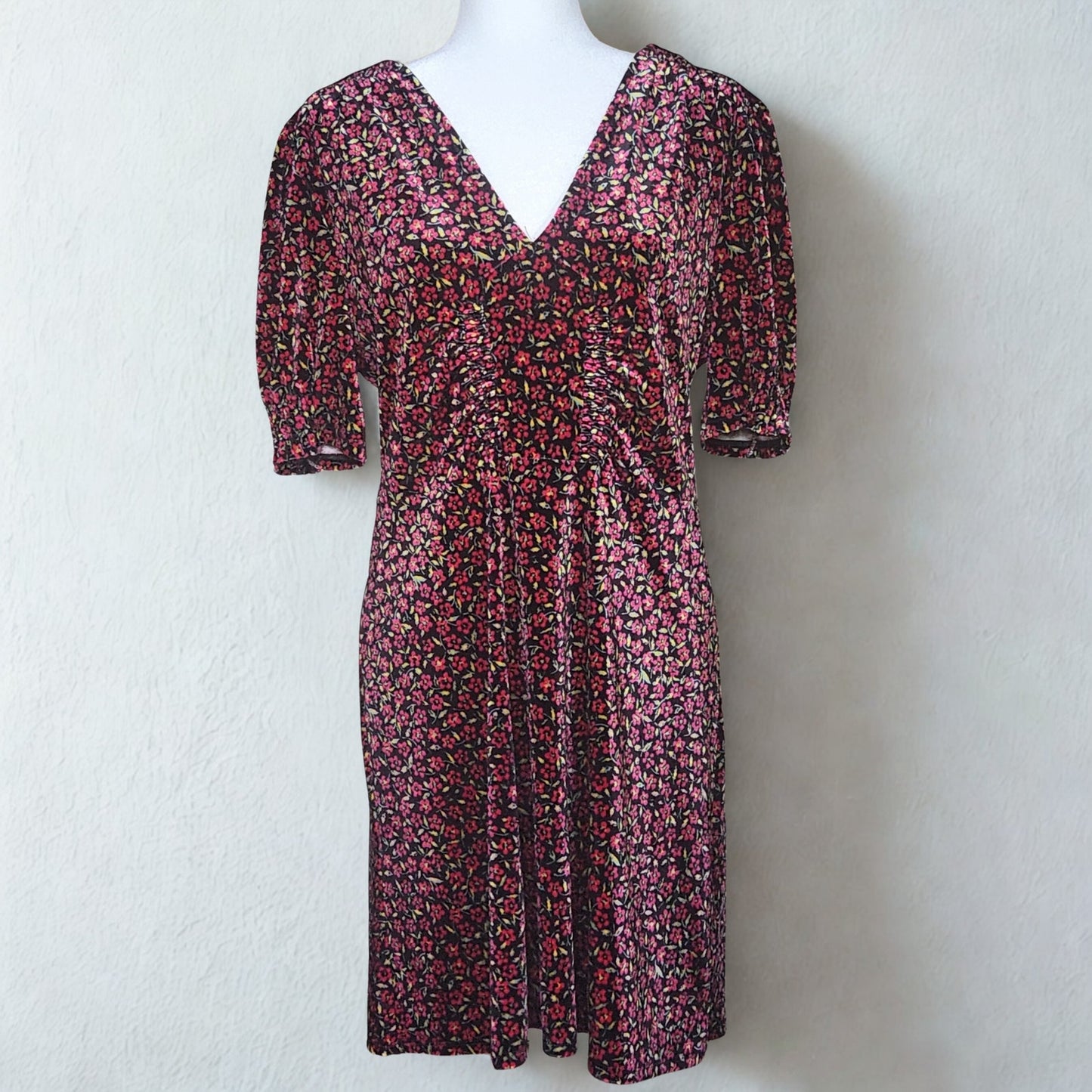 TOPSHOP Women's Bizzy Lizzy Velvet Red Floral Puff Sleeves Tea Dress Size 12