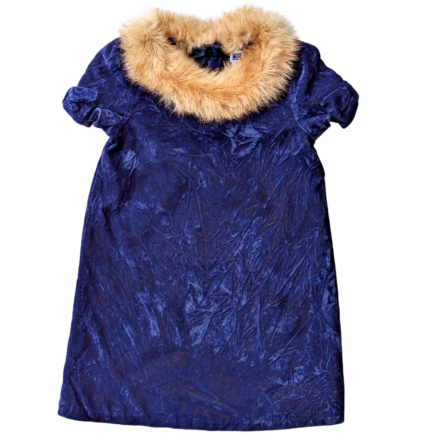 Janie and Jack Girls Blue Velvet Faux Fur Collar Bow Sleeves Dress Sz 4