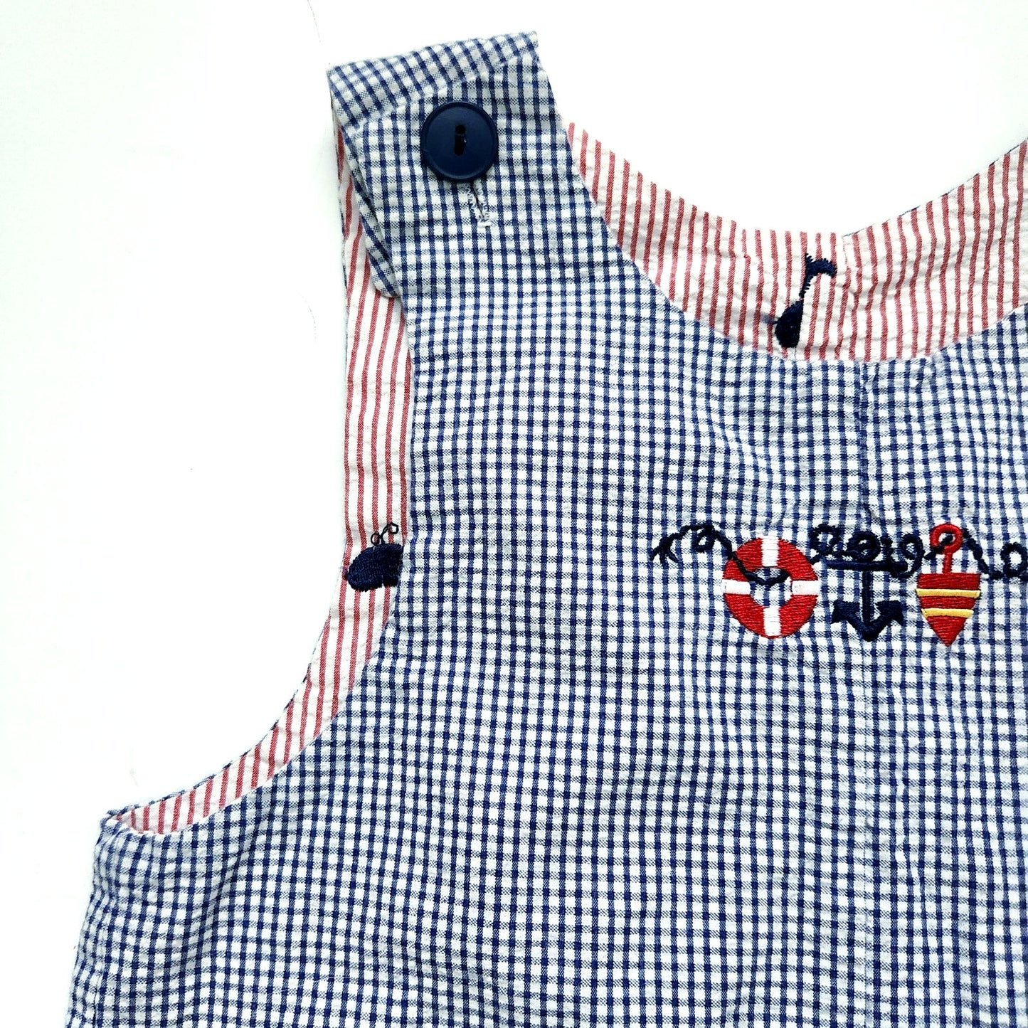 Vintage Just Ducky Reversible Baby Boy Romper Nautical Seersucker Size 24 Months