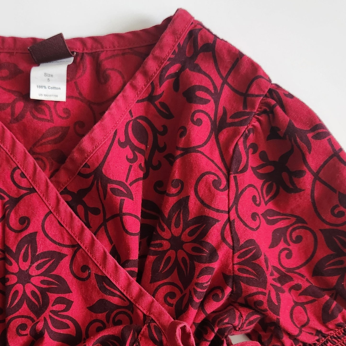 Tea Collection Red Floral Scroll Long Bell Sleeves Wrap Dress Cotton Size 5