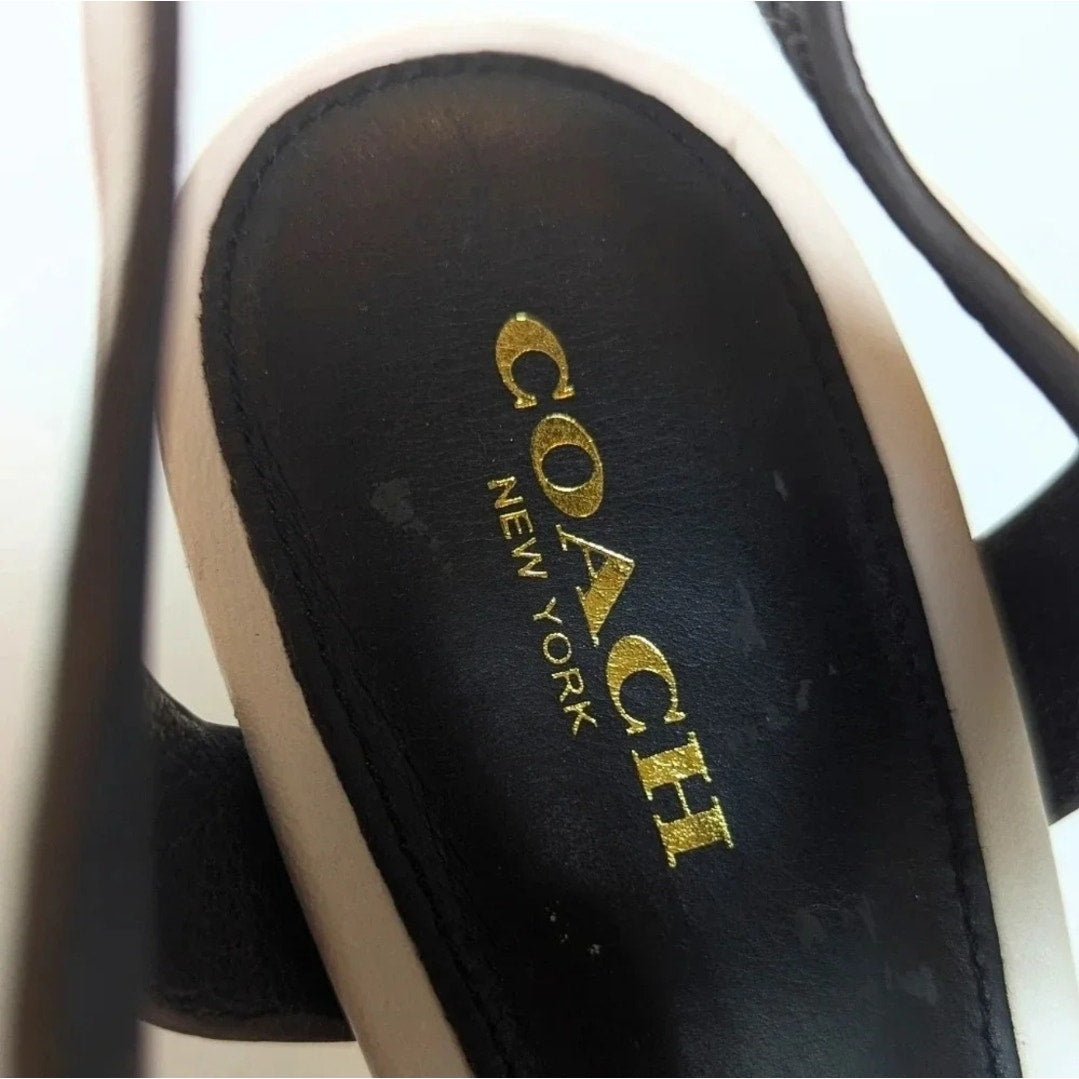 Coach Izzy Ivory White Leather Strappy Sandals Wooden Stiletto Heels Women's Size 7