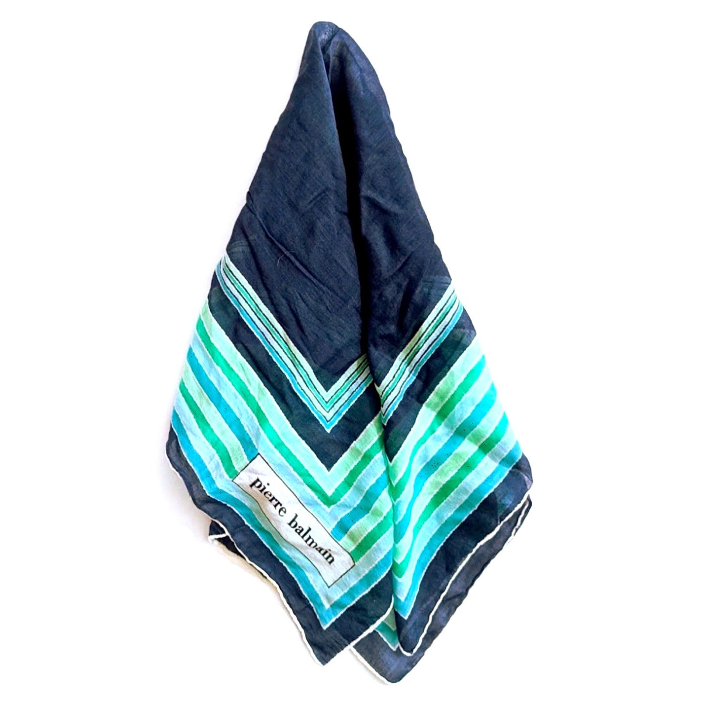 Pierre Balmain Vintage 1970s Blue & Green Square Scarf | 24.5” Designer Neck Scarf | Mod Striped Silk Cotton Blend Wrap | Women's French Fashion Accessory