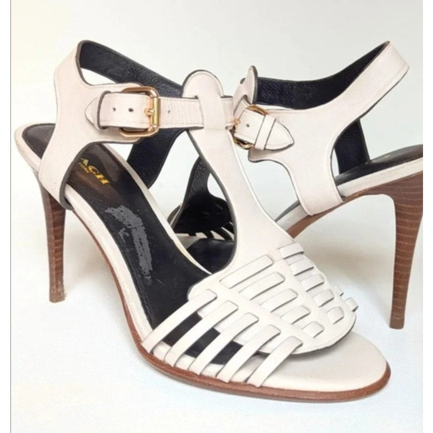 Coach Izzy Ivory White Leather Strappy Sandals Wooden Stiletto Heels Women's Size 7