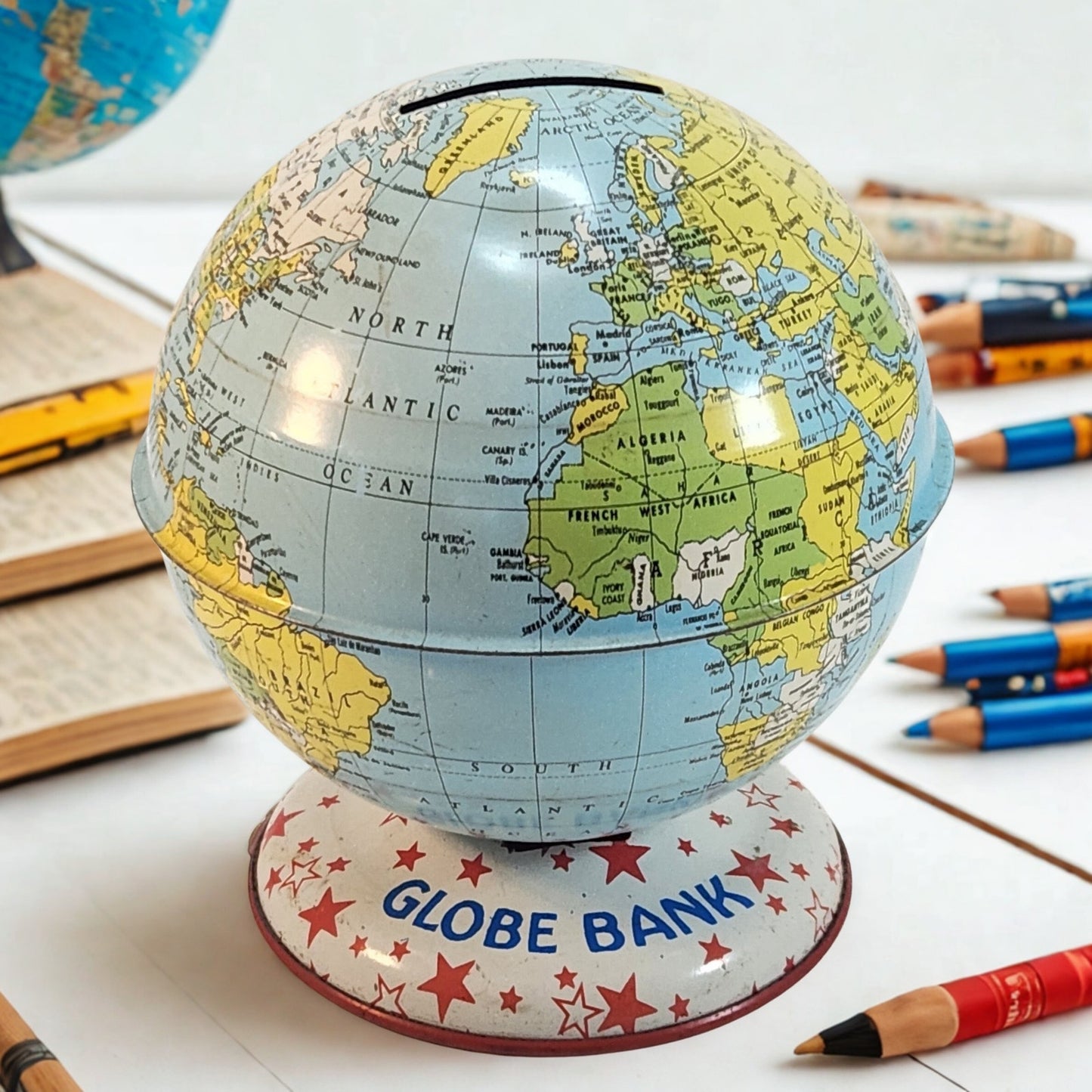Mid-Century Vintage J. Chein & Co Tin Globe Bank Retro World Map Kids Coin Bank
