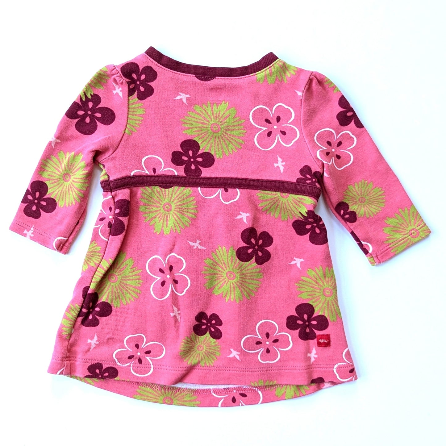 Tea Collection Pink & Green Floral Bird Wrap Dress Infant Sz XS 3-6 mos EUC