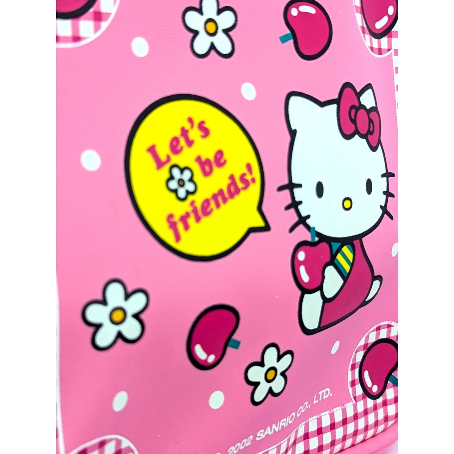 Vintage 2002 Kids Sanrio Hello Kitty Pink Bag β Cherries Daisies Gingham Print β "Letβs Be Friends" β Kawaii Collectible Tote β NWT