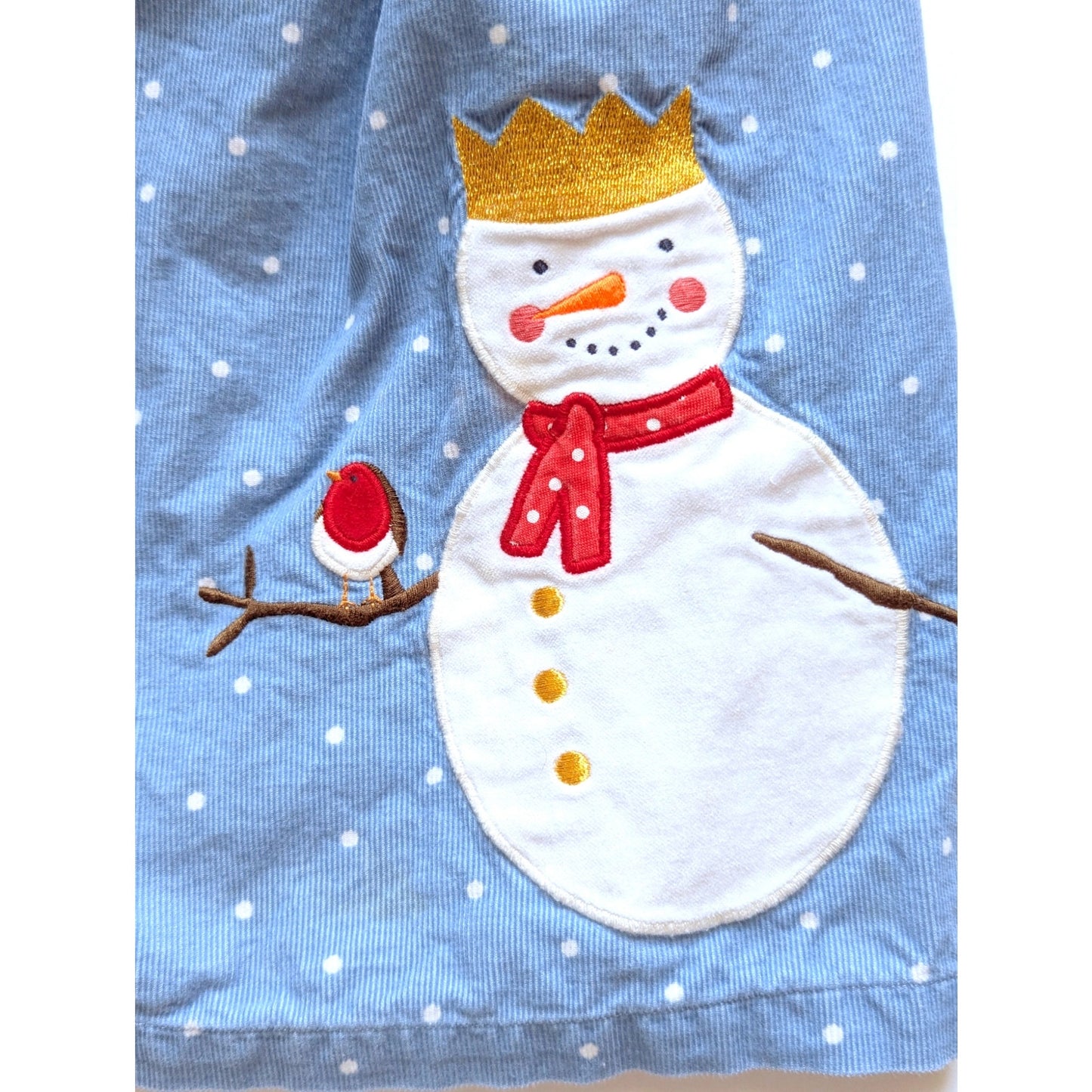 Baby Boden Corduroy Snowman Appliqué Pinafore Dress Blue Polka Dots Sz 18-24 mos