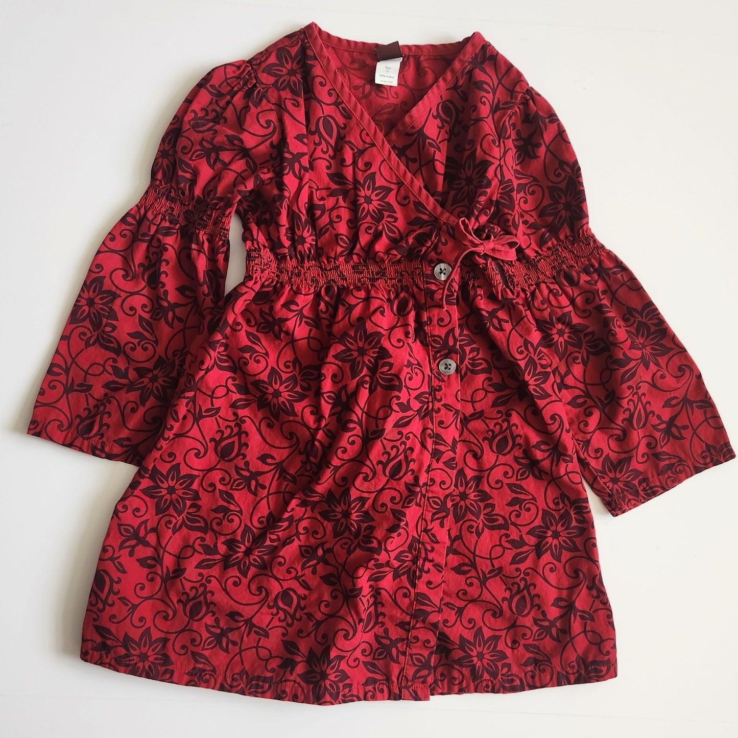 Tea Collection Red Floral Scroll Long Bell Sleeves Wrap Dress Cotton Size 5