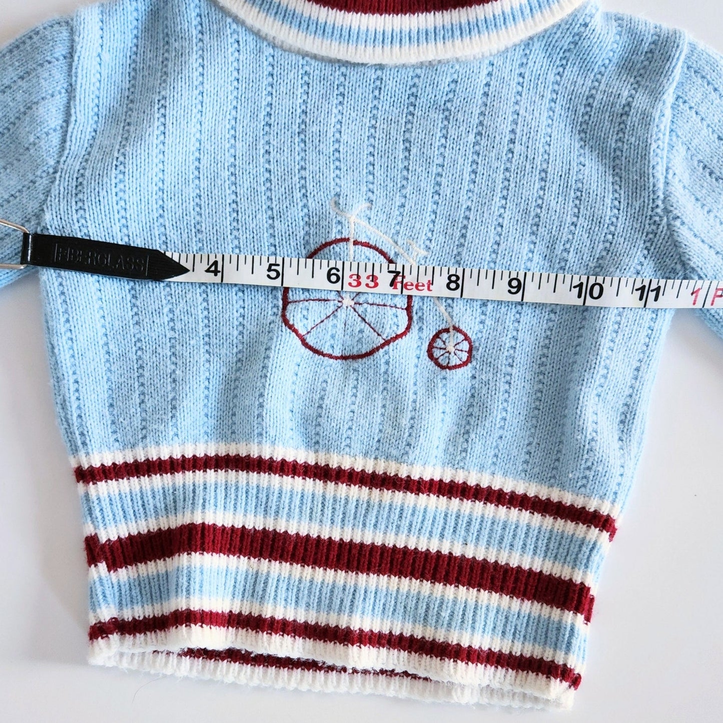 Vintage 1960s Doe Spun Toddler Turtleneck Sweater – Baby Blue with Penny Farthing Embroidery – Size 2T