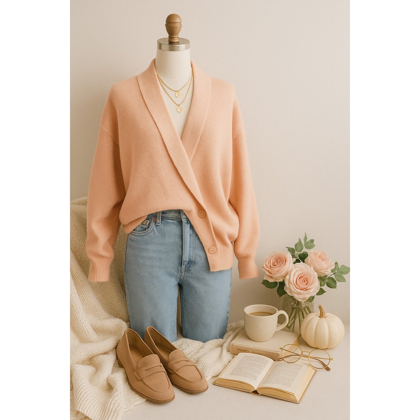 Vintage 1980s Blush Peach Double Breasted Wrap Cardigan Sweater | Women’s Size L 12–14 | Drop Shoulder Cozy Retro Knit