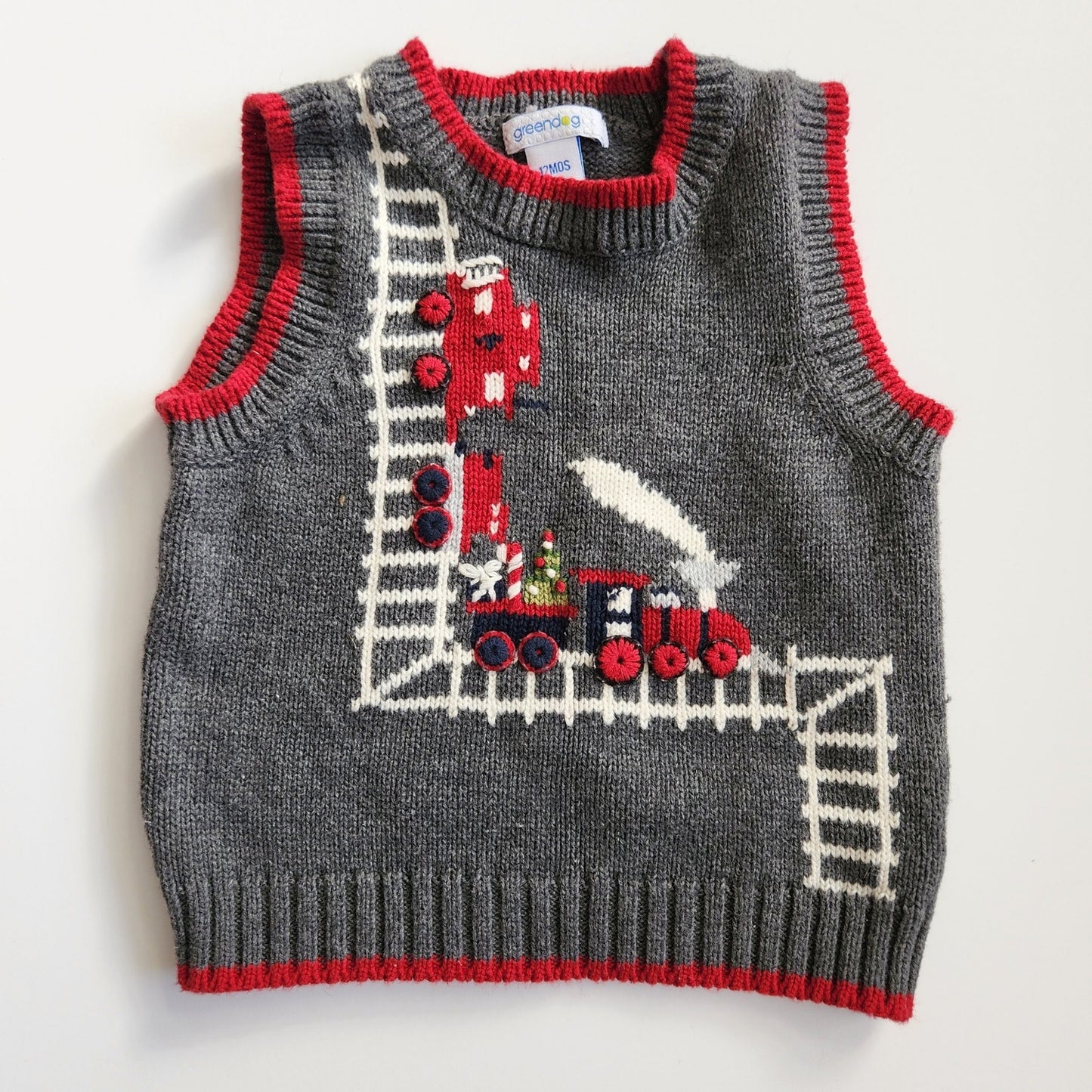 Greendog Vintage Y2K Christmas Holiday Train Embroidered Sweater Vest Sz 12 mos