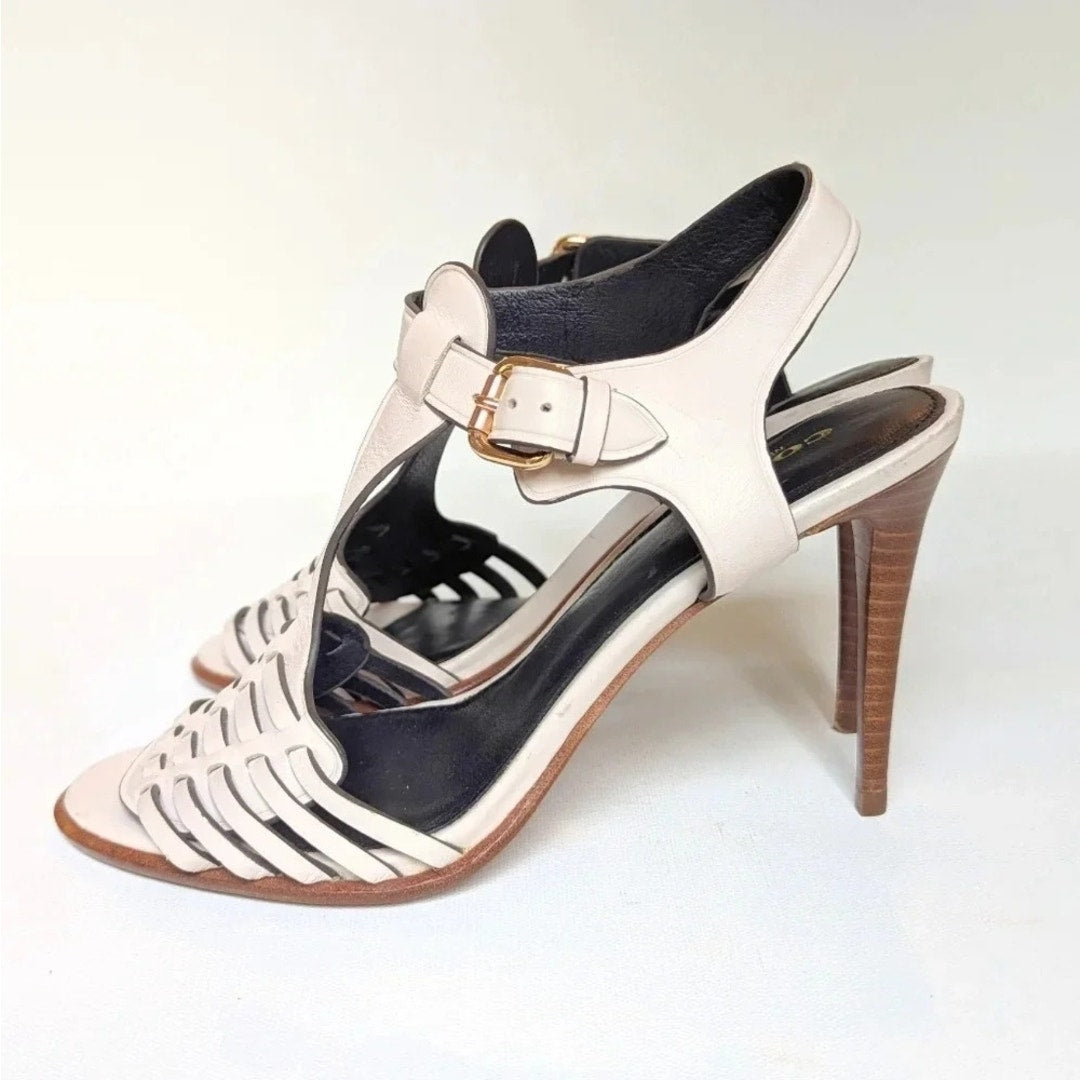 Coach Izzy Ivory White Leather Strappy Sandals Wooden Stiletto Heels Women's Size 7