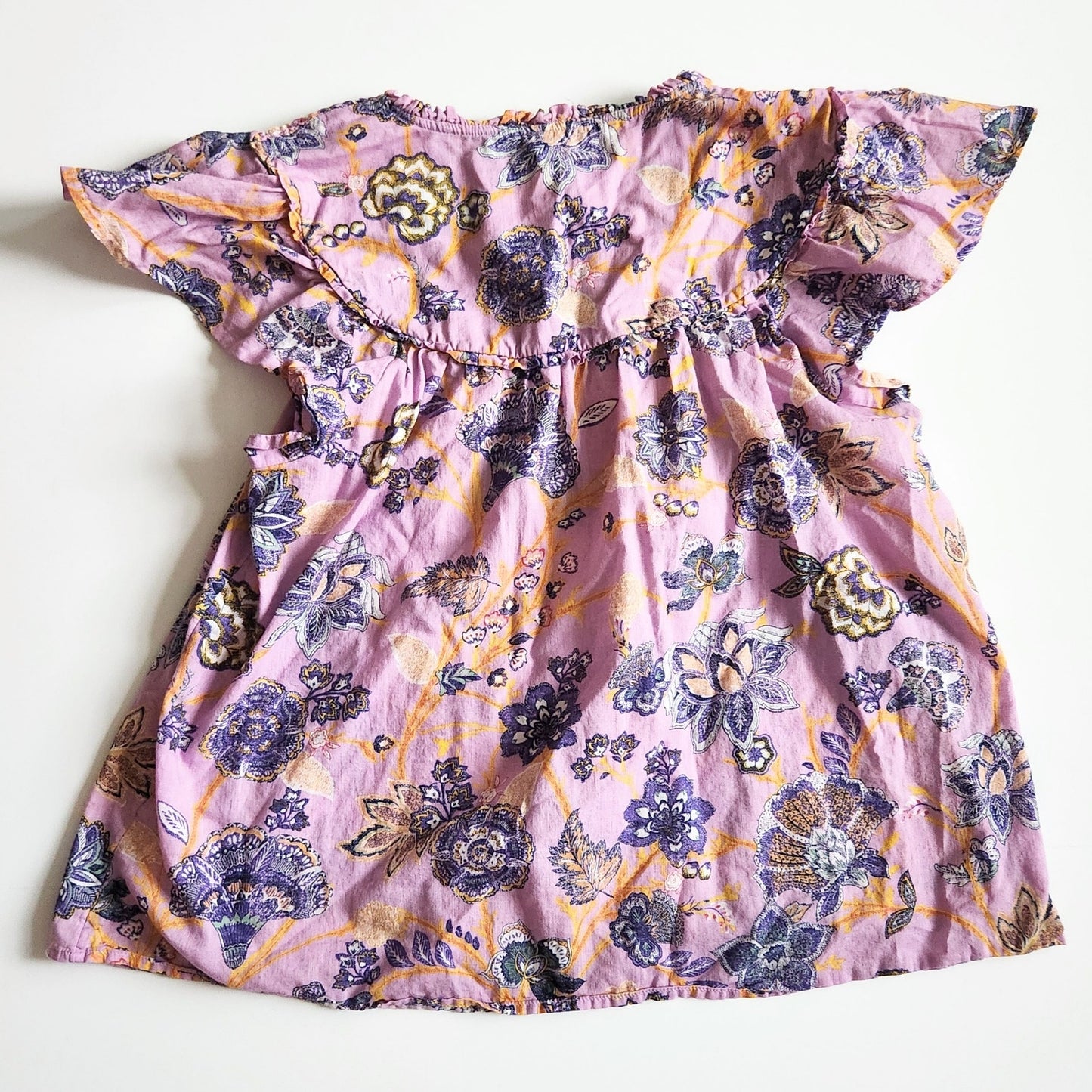 Anthropologie Bohemian Purple Floral Blouse Brass Buttons Flutter Sleeves Size M