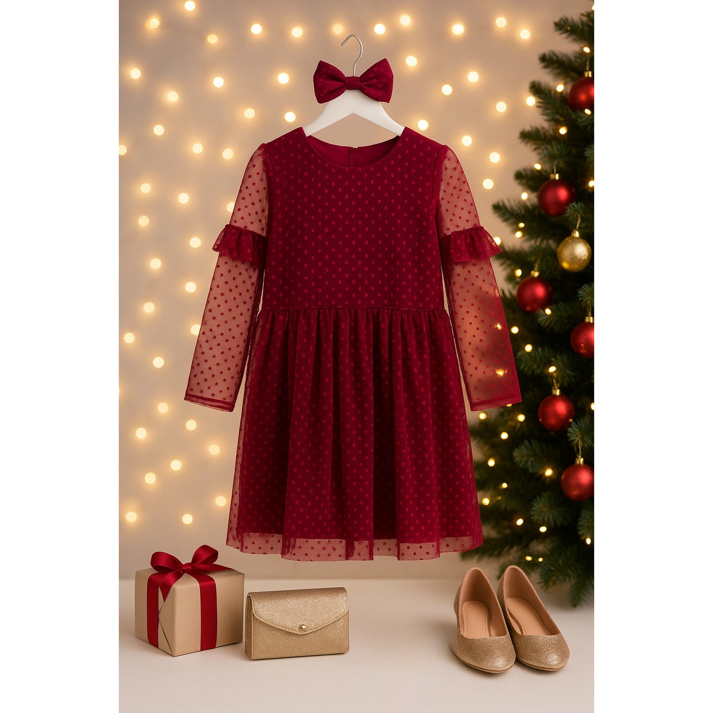 Mini Boden Girls Flocked Spot Winter Party Dress in Warm Cranberry Red – Size 13-14Y – NWT