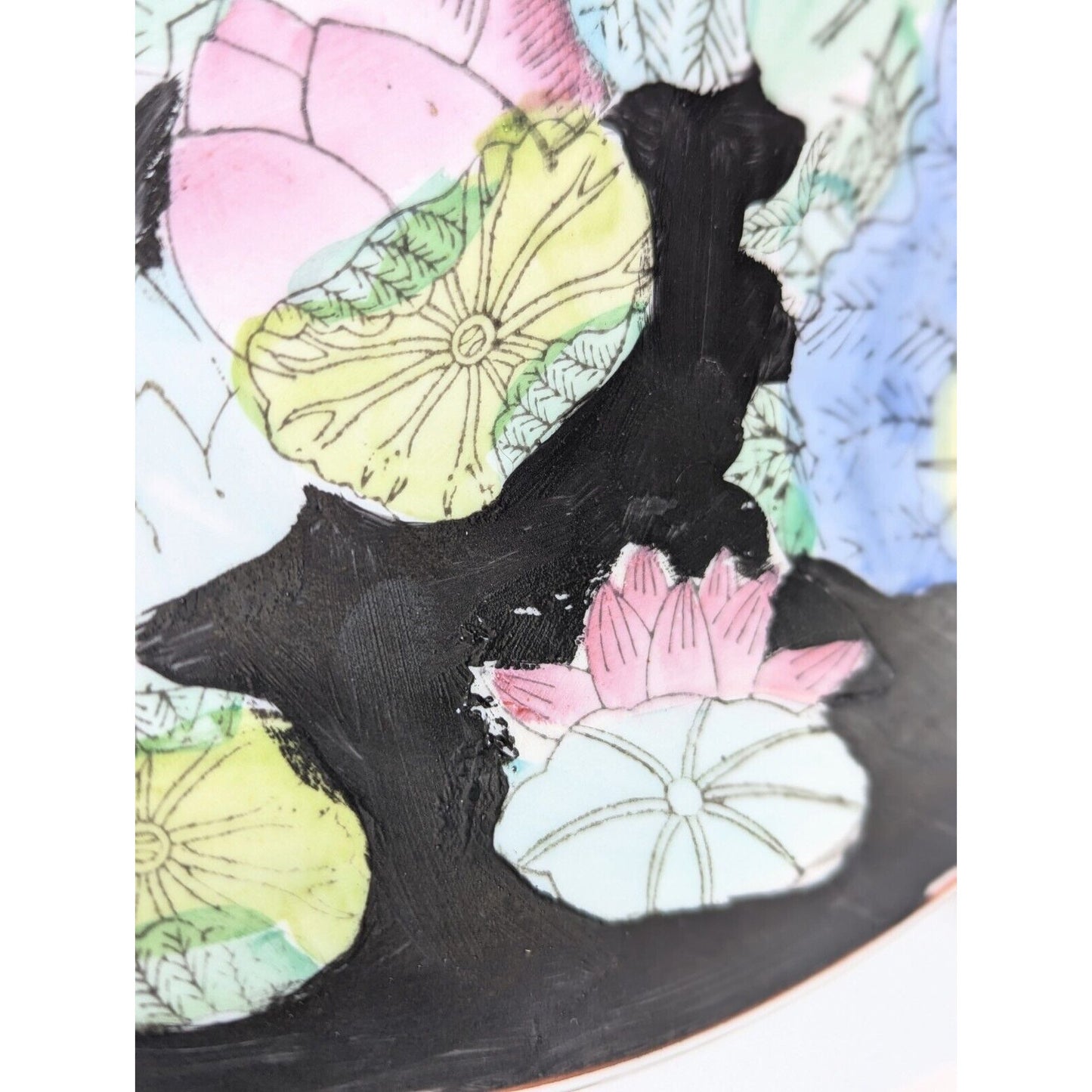 Vintage Chinese Porcelain Hand Painted Chinoiserie Plate Water Lilies on Black