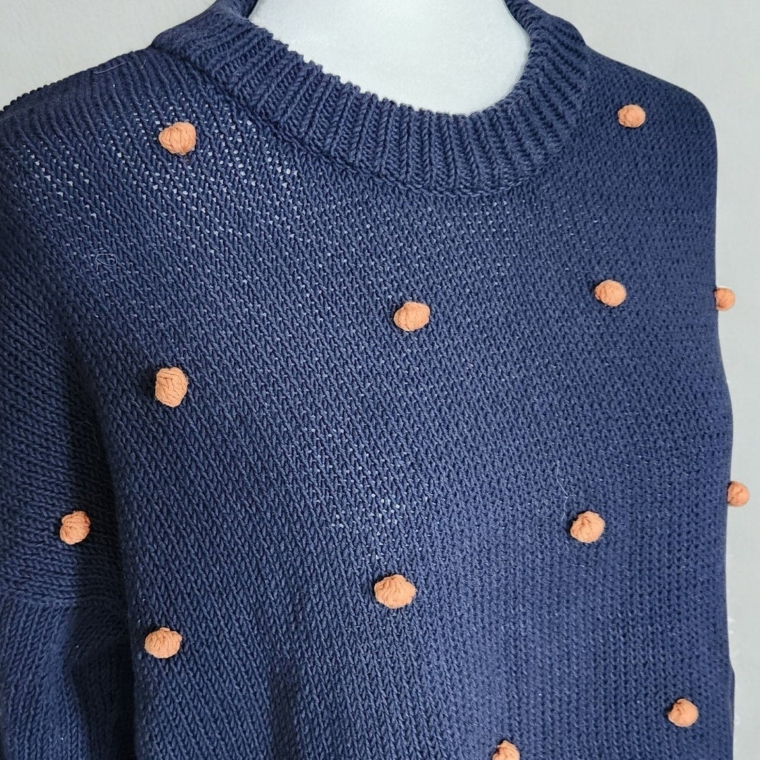 Madewell Wellesley Bobble Pullover Sweater Navy & Orange Pom-Pom Size M