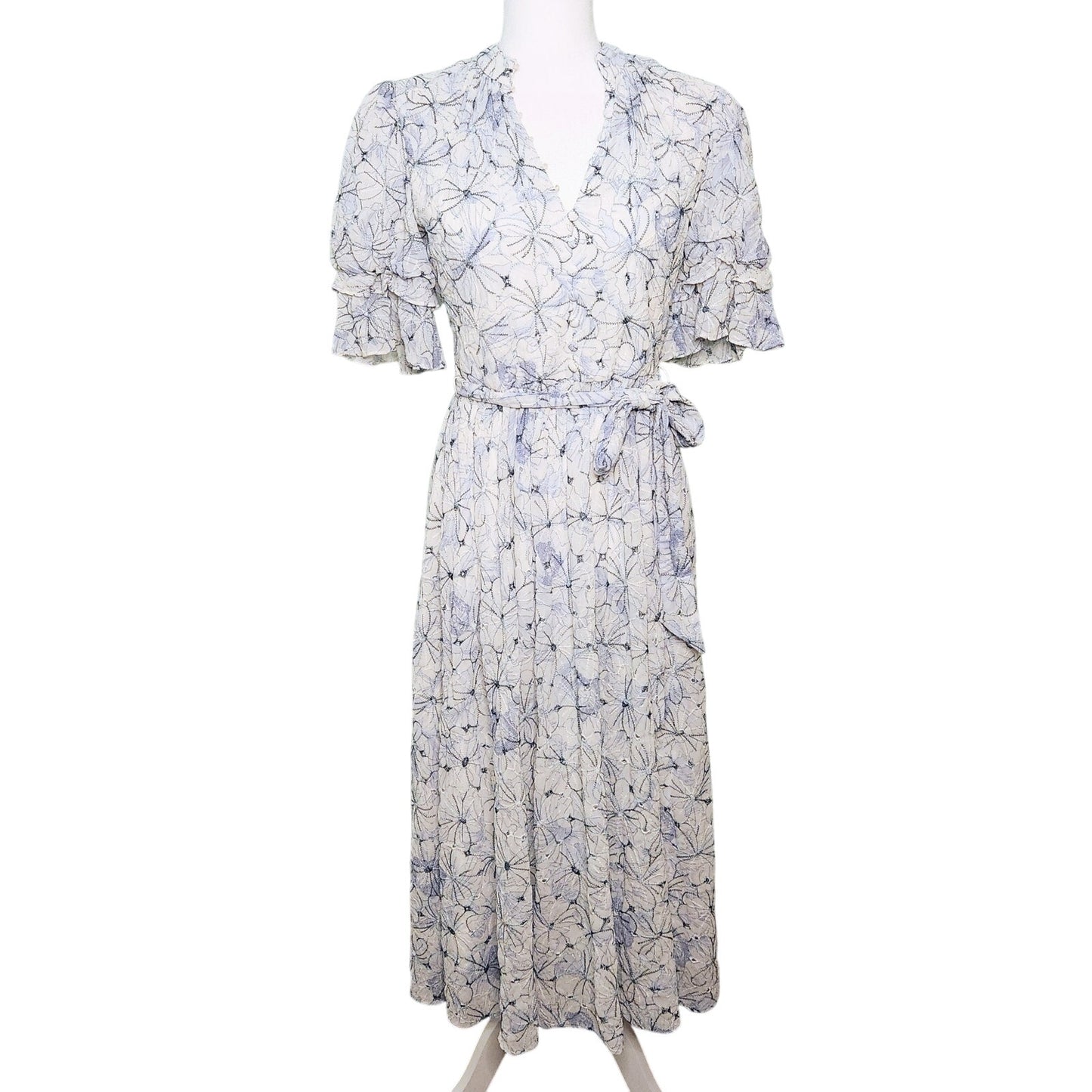 Badgley Mischka Floral Embroidered Day Flounce Sleeve Day Dress Blue Size 8