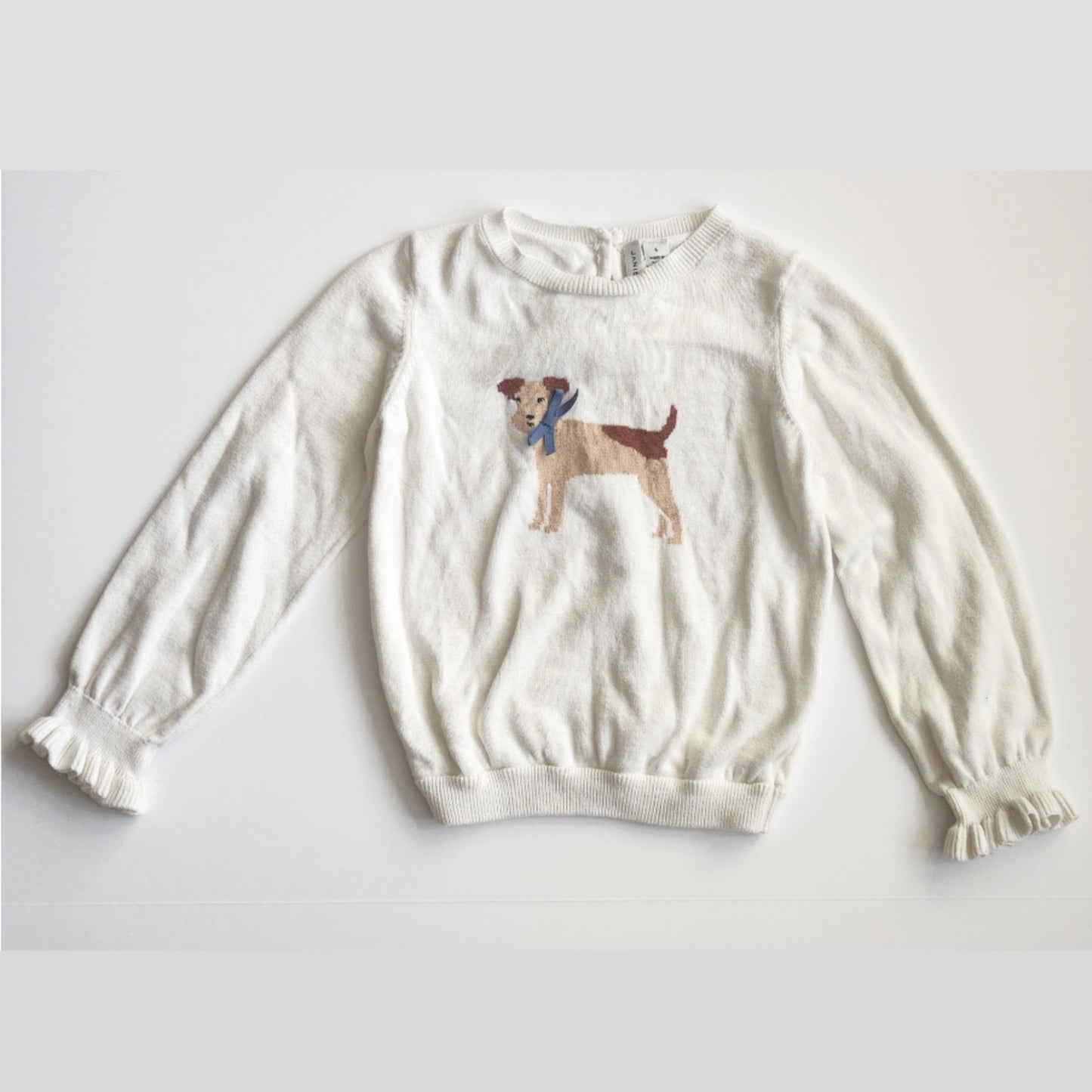 Janie and Jack Ruffle Cuff Dog Sweater Jet Ivory Girls Size 5 White Cotton