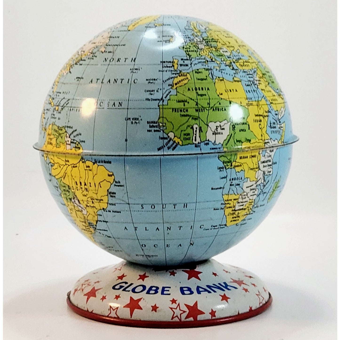 Mid-Century Vintage J. Chein & Co Tin Globe Bank Retro World Map Kids Coin Bank