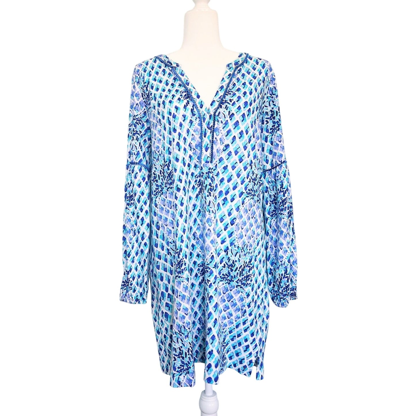 Lilly Pulitzer Aleece Joy Dress Oyster Bay Navy Ruffle Your Feathers Blue Pineapple Print Women's Size Large Long Sleeve Tunic