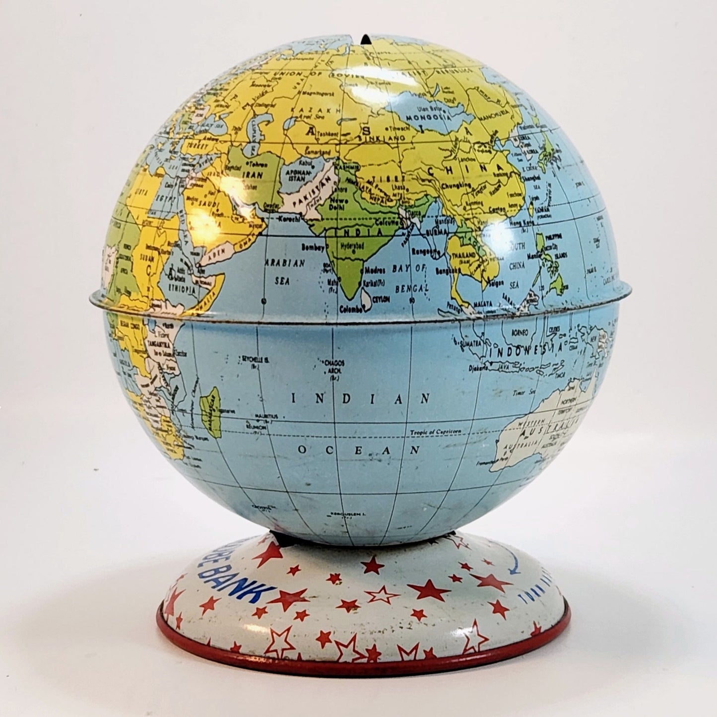Mid-Century Vintage J. Chein & Co Tin Globe Bank Retro World Map Kids Coin Bank