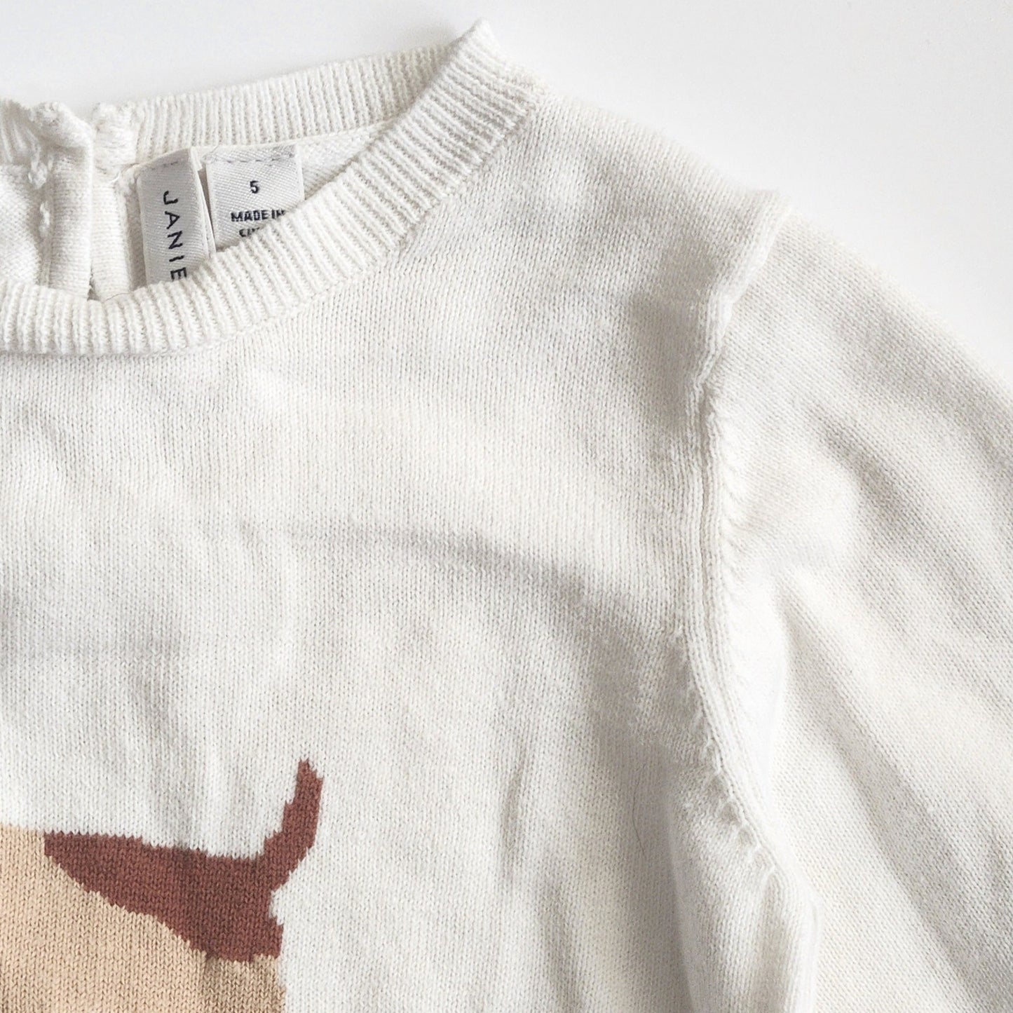 Janie and Jack Ruffle Cuff Dog Sweater Jet Ivory Girls Size 5 White Cotton
