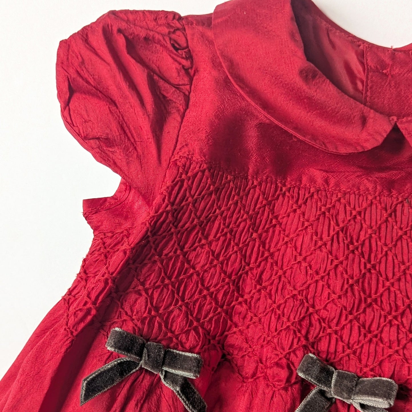 Janie and Jack Baby Girls Red Silk Flocked Smocked Formal Dress Sz 12-18 mos