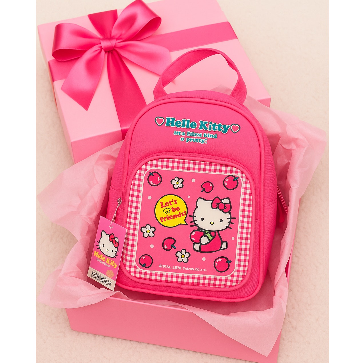 Vintage 2002 Kids Sanrio Hello Kitty Pink Bag β Cherries Daisies Gingham Print β "Letβs Be Friends" β Kawaii Collectible Tote β NWT