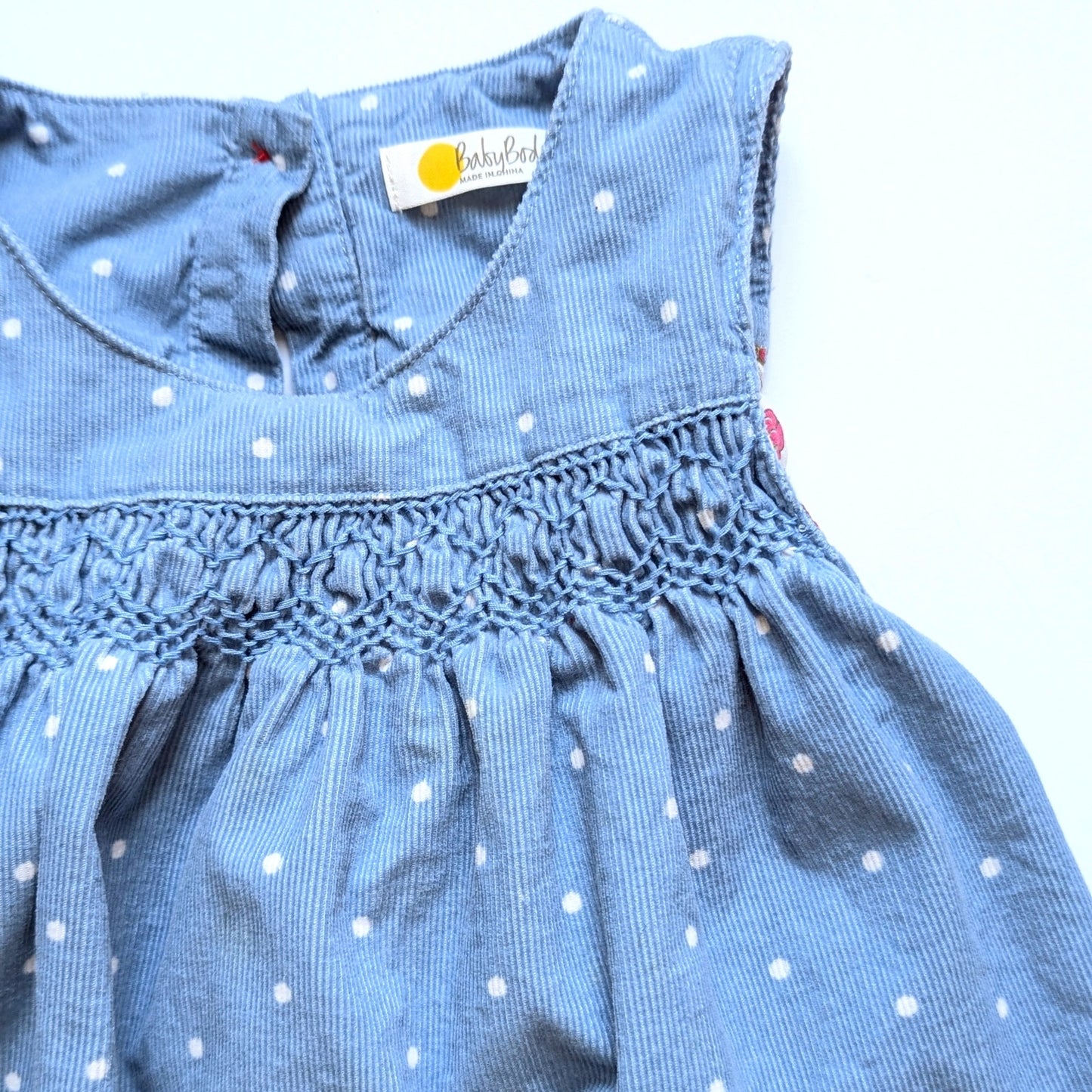 Baby Boden Corduroy Snowman Appliqué Pinafore Dress Blue Polka Dots Sz 18-24 mos