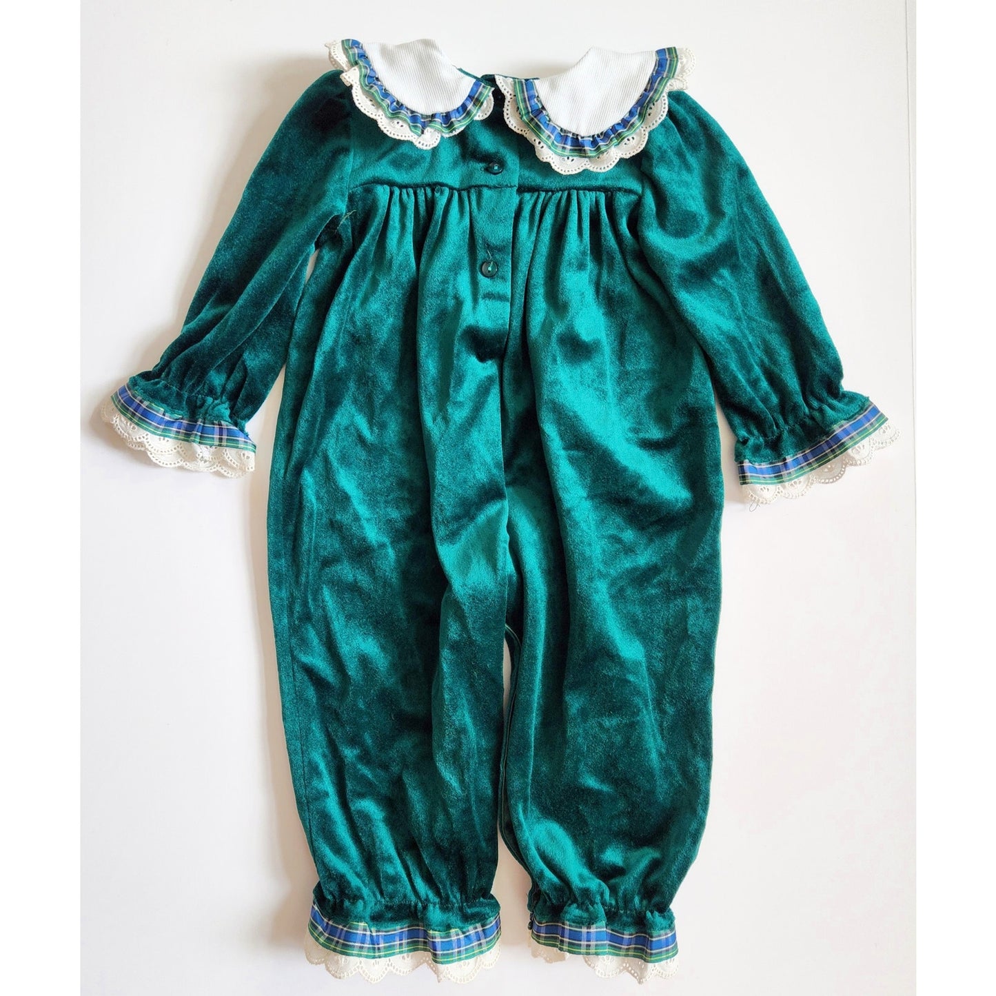 Goodlad Vintage 80s Green Velour Eyelet One Piece Infant Jumpsuit Sz 18 mos