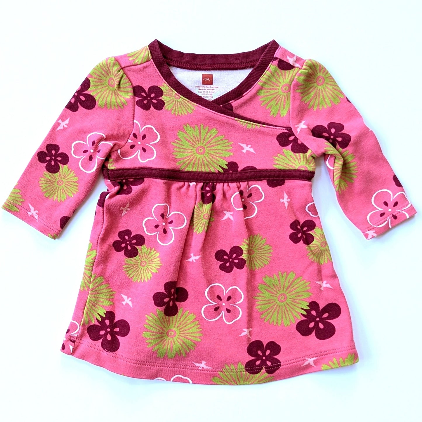 Tea Collection Pink & Green Floral Bird Wrap Dress Infant Sz XS 3-6 mos EUC
